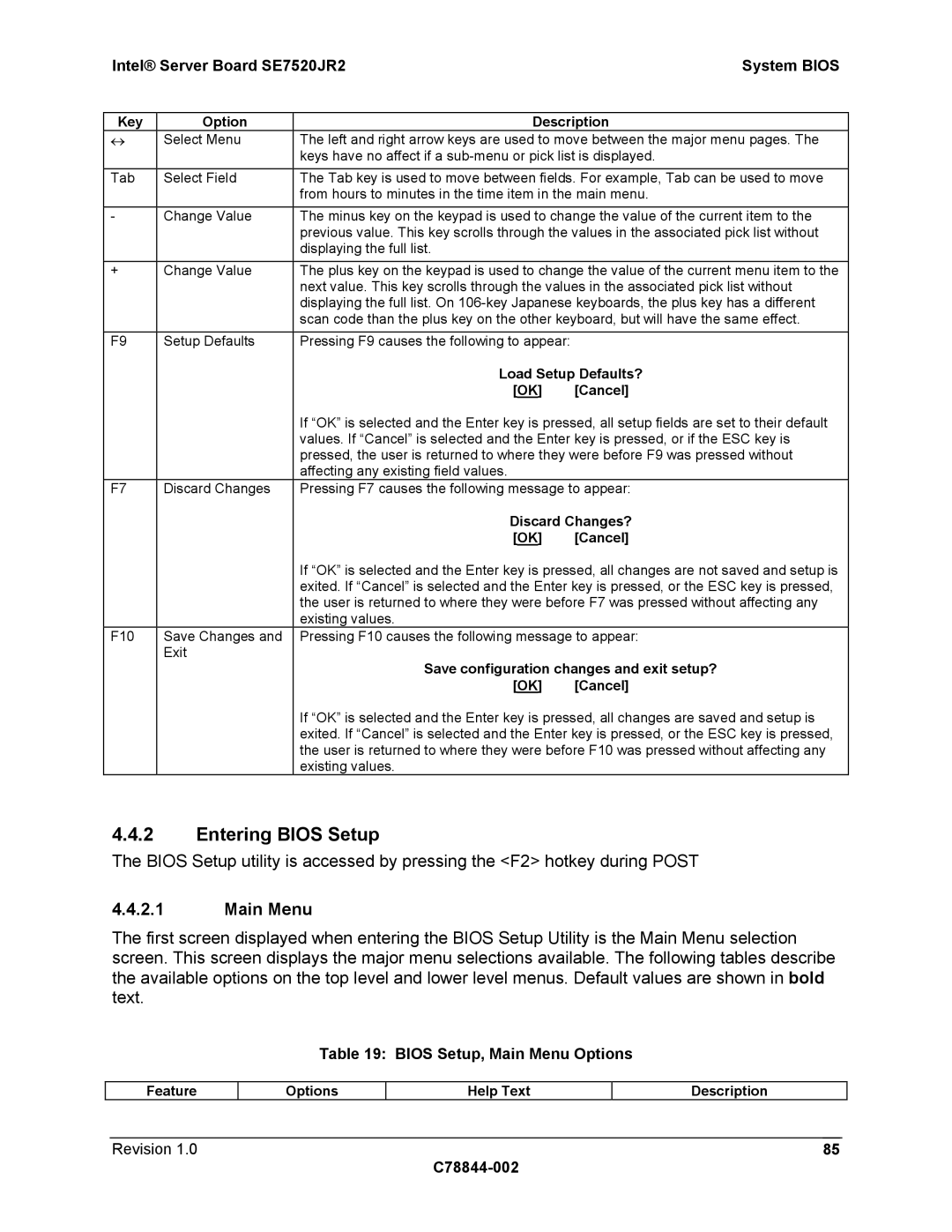 Intel SE7520JR2 manual Entering Bios Setup, Bios Setup, Main Menu Options 