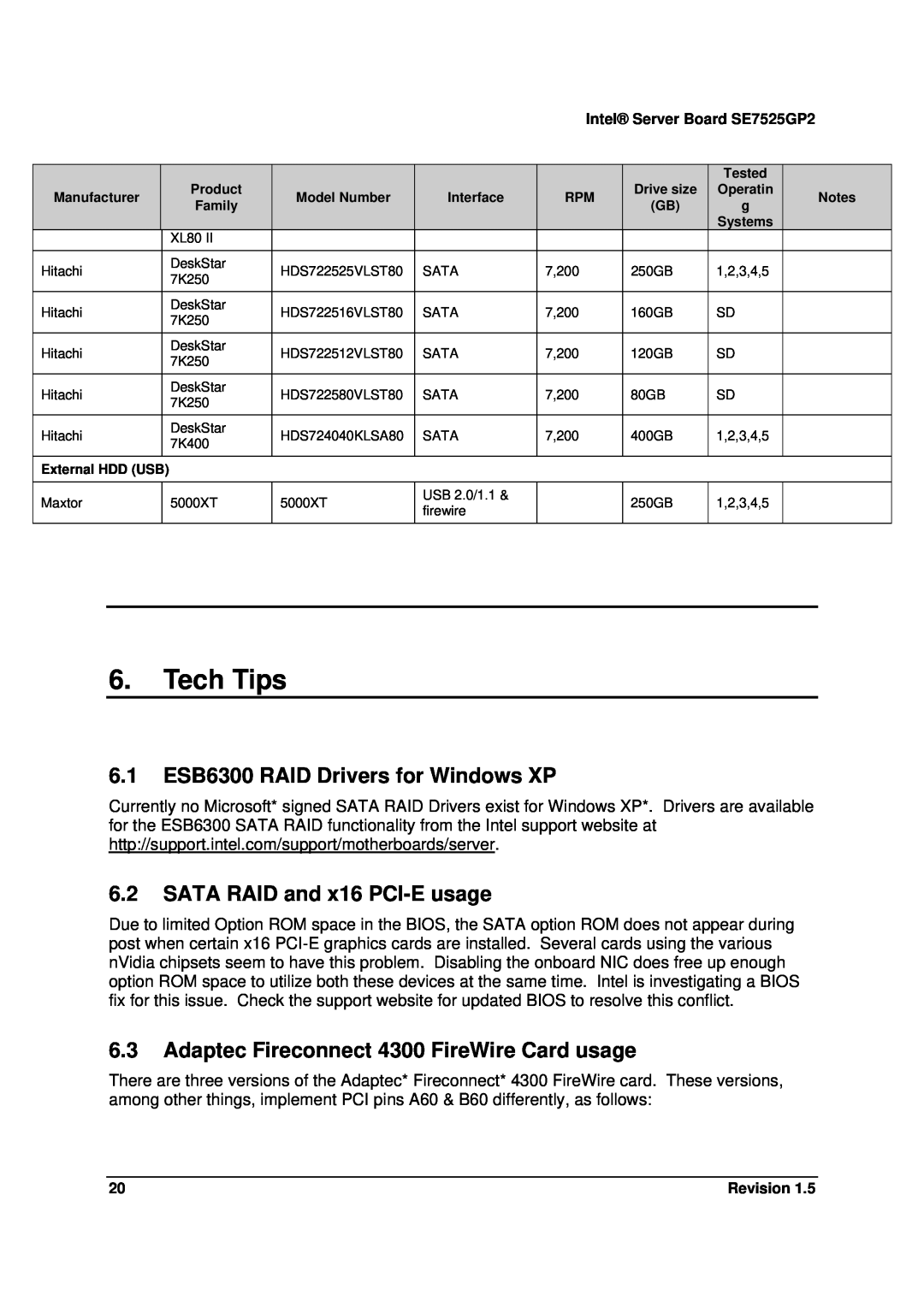 Intel SE7525GP2 manual Tech Tips, 6.1ESB6300 RAID Drivers for Windows XP, 6.2SATA RAID and x16 PCI-Eusage 