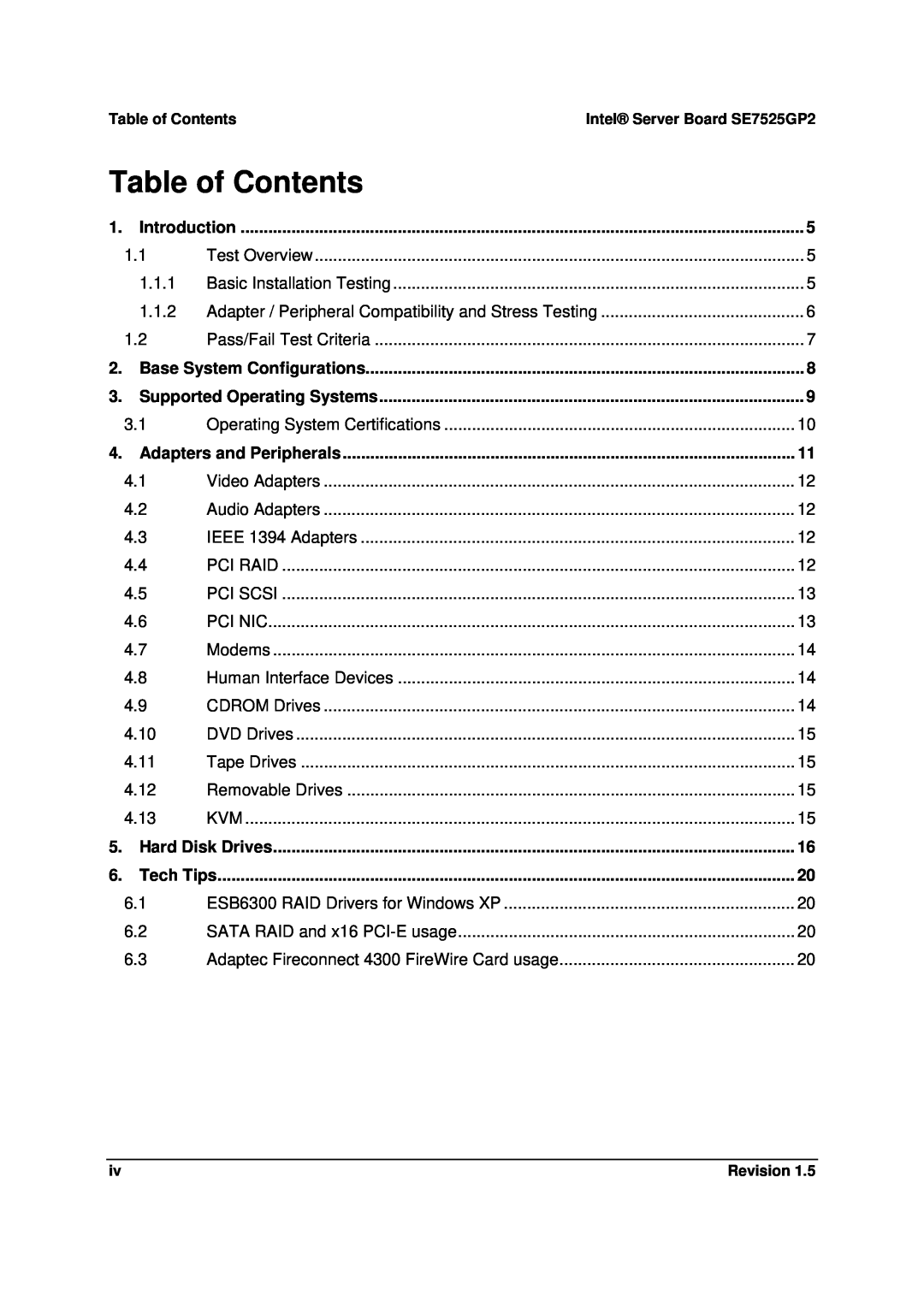 Intel SE7525GP2 manual Table of Contents 