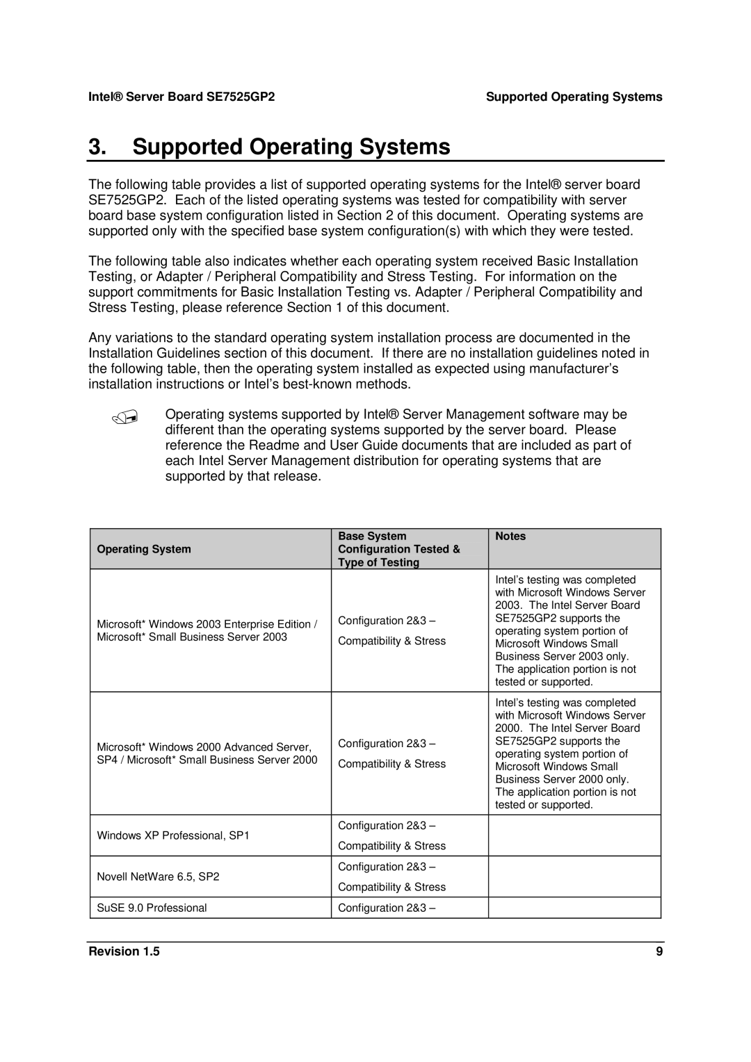 Intel manual Supported Operating Systems, Intel Server Board SE7525GP2 