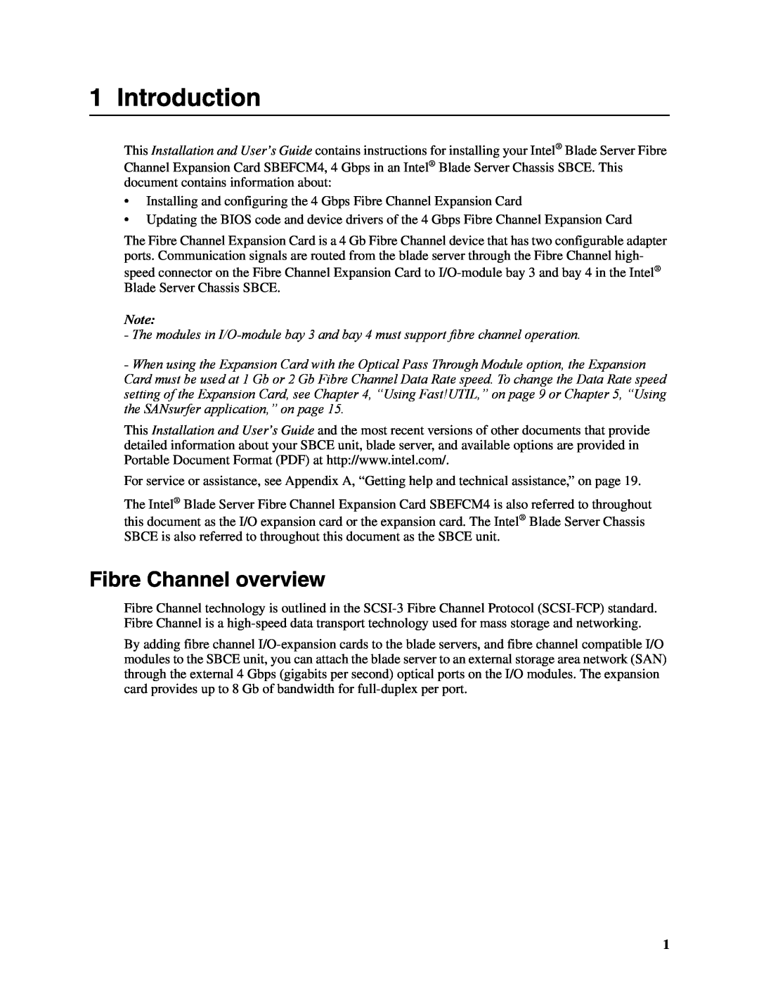 Intel SEBFCM4 manual Introduction, Fibre Channel overview 