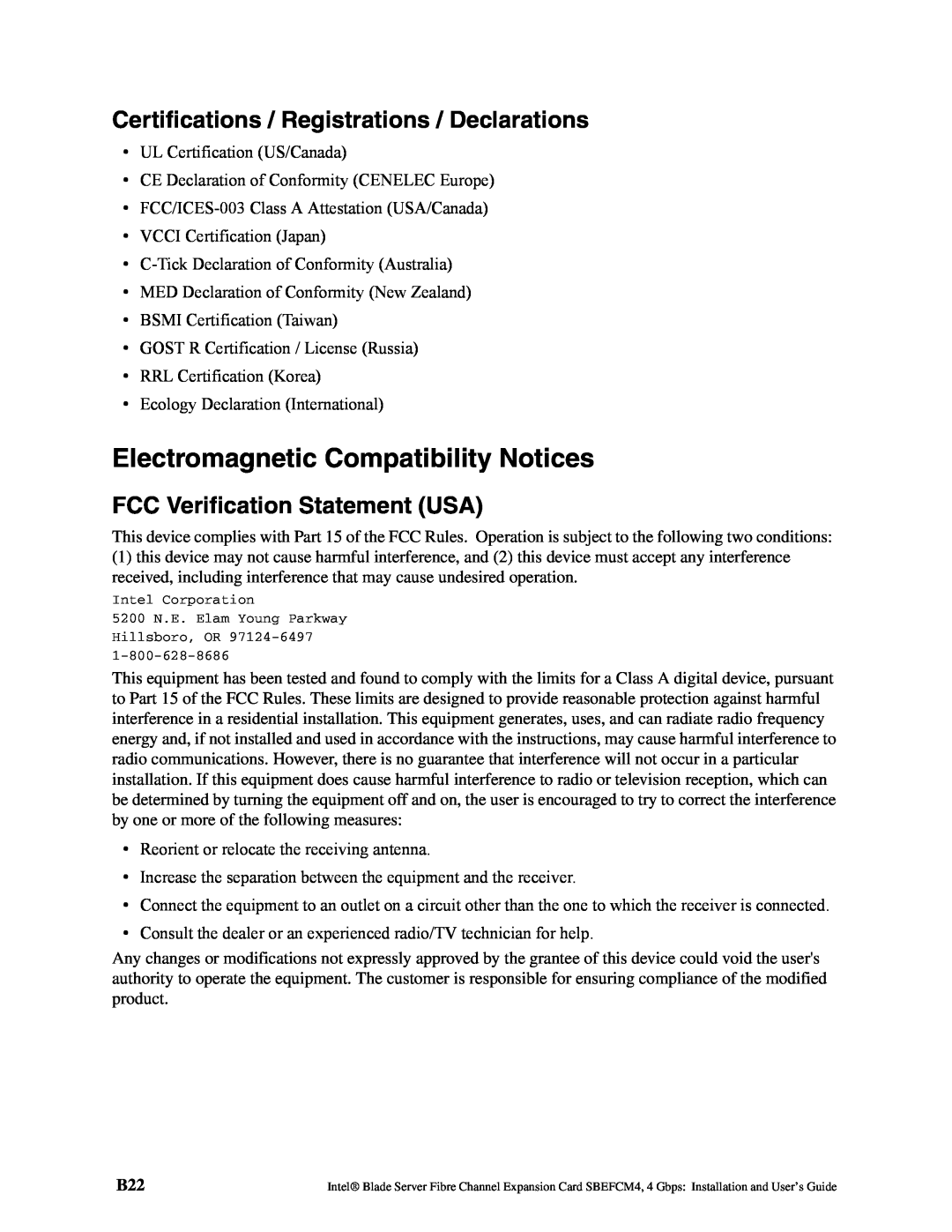 Intel SEBFCM4 manual Electromagnetic Compatibility Notices, Certifications / Registrations / Declarations 