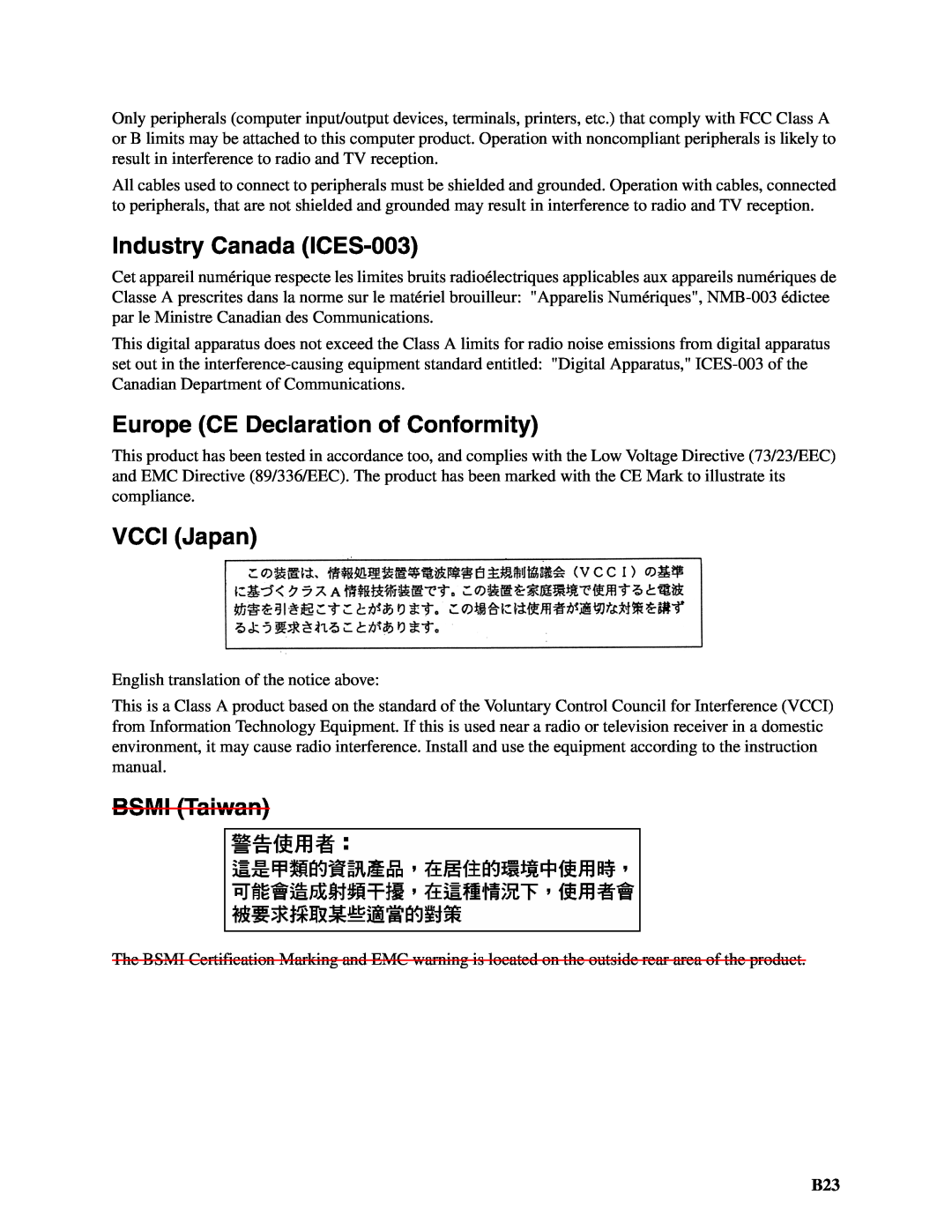 Intel SEBFCM4 manual Industry Canada ICES-003, Europe CE Declaration of Conformity, VCCI Japan, BSMI Taiwan 