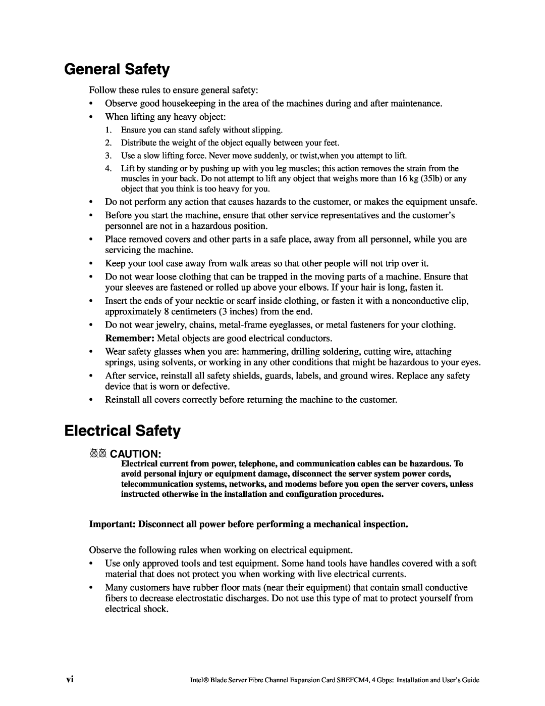 Intel SEBFCM4 manual General Safety, Electrical Safety, xx CAUTION 