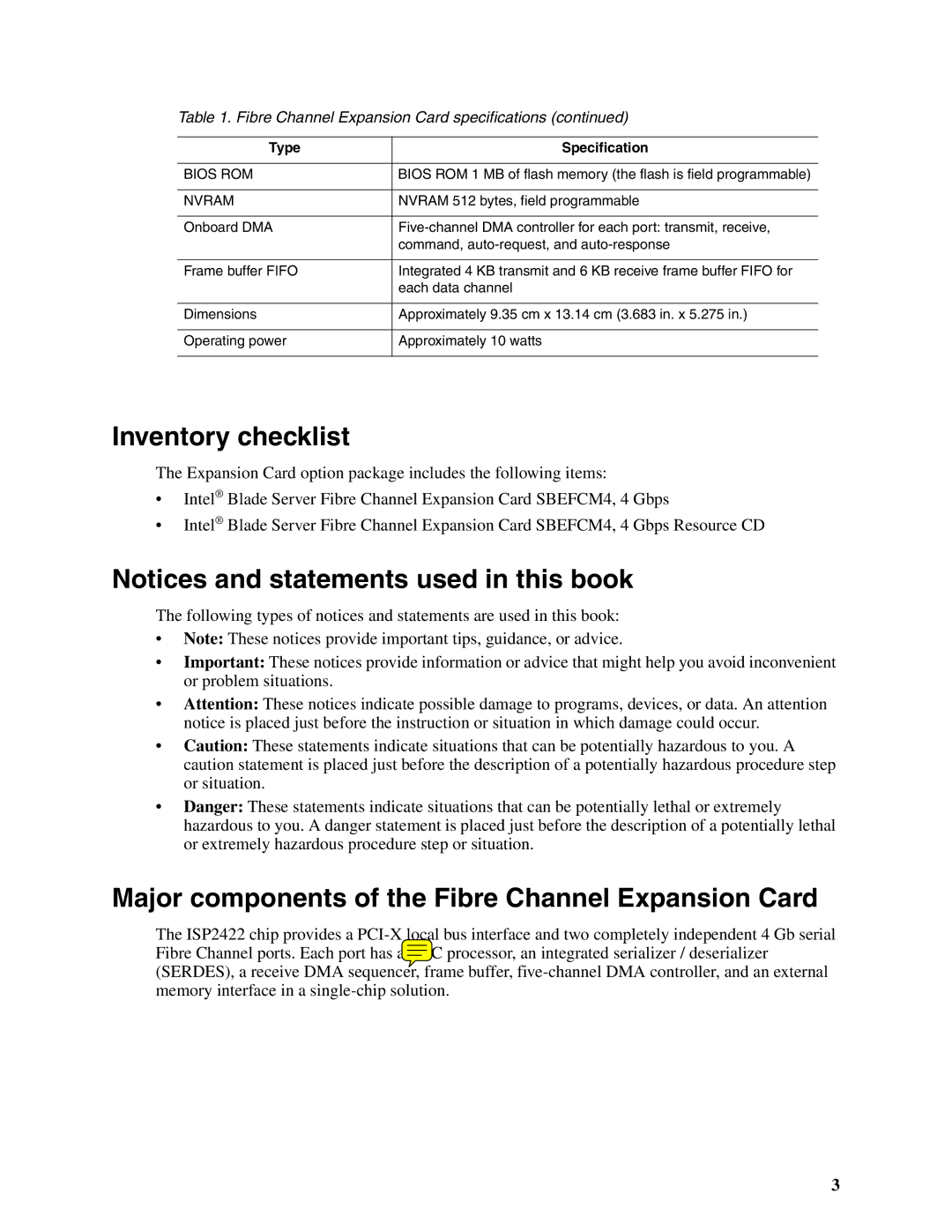 Intel SEBFCM4 manual Inventory checklist, Major components of the Fibre Channel Expansion Card 