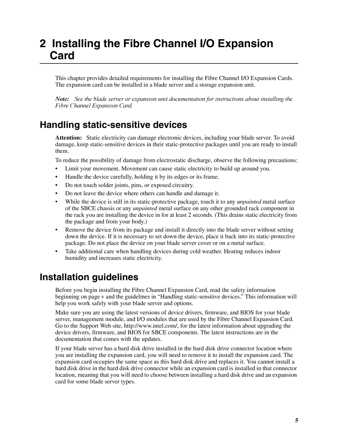 Intel SEBFCM4 Installing the Fibre Channel I/O Expansion Card, Handling static-sensitive devices, Installation guidelines 