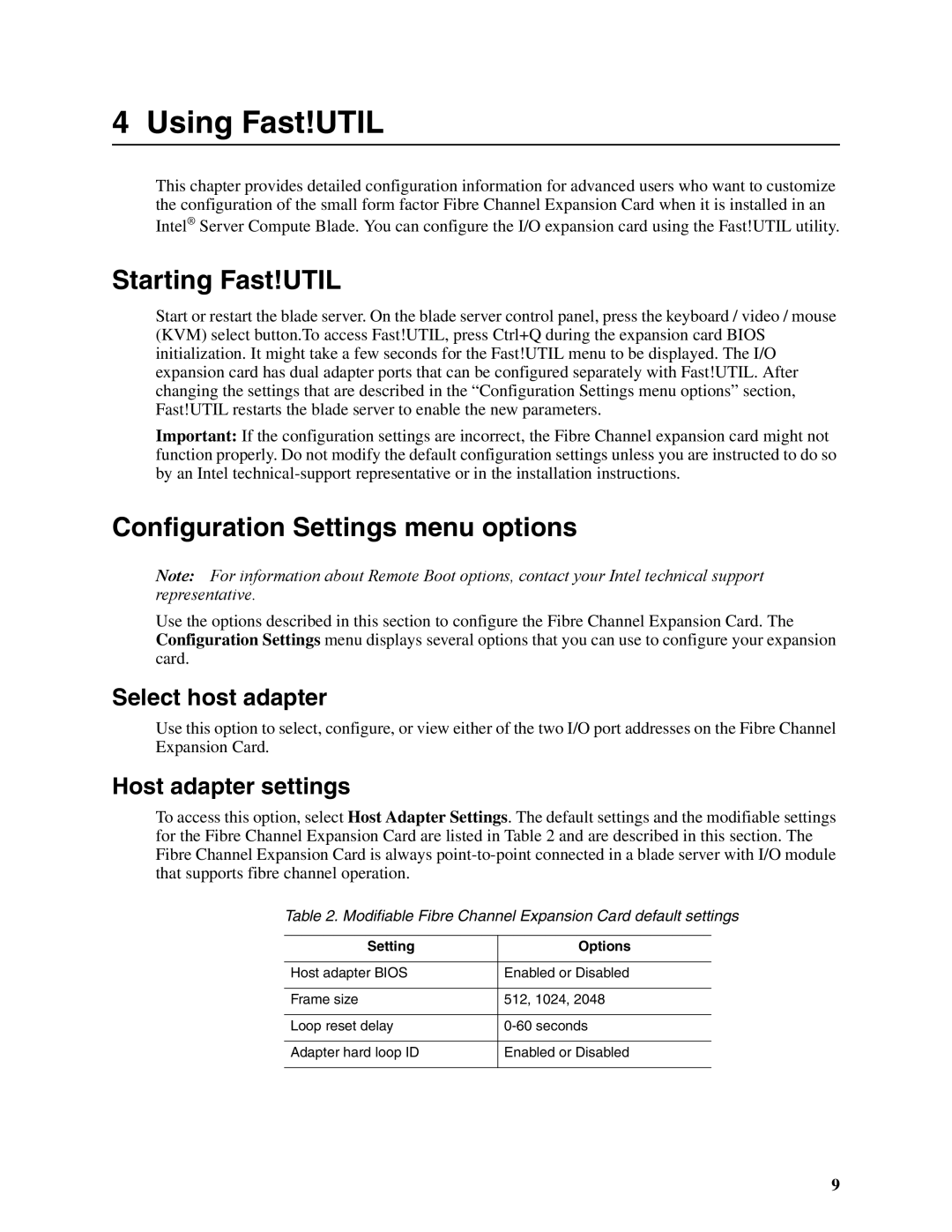 Intel SEBFCM4 manual Using Fast!UTIL, Starting Fast!UTIL, Configuration Settings menu options, Select host adapter 