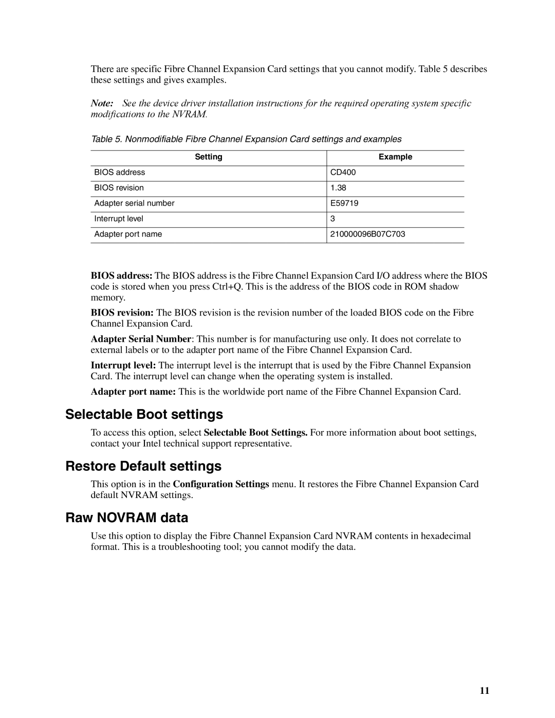 Intel SEBFCM4 manual Selectable Boot settings, Restore Default settings, Raw Novram data 