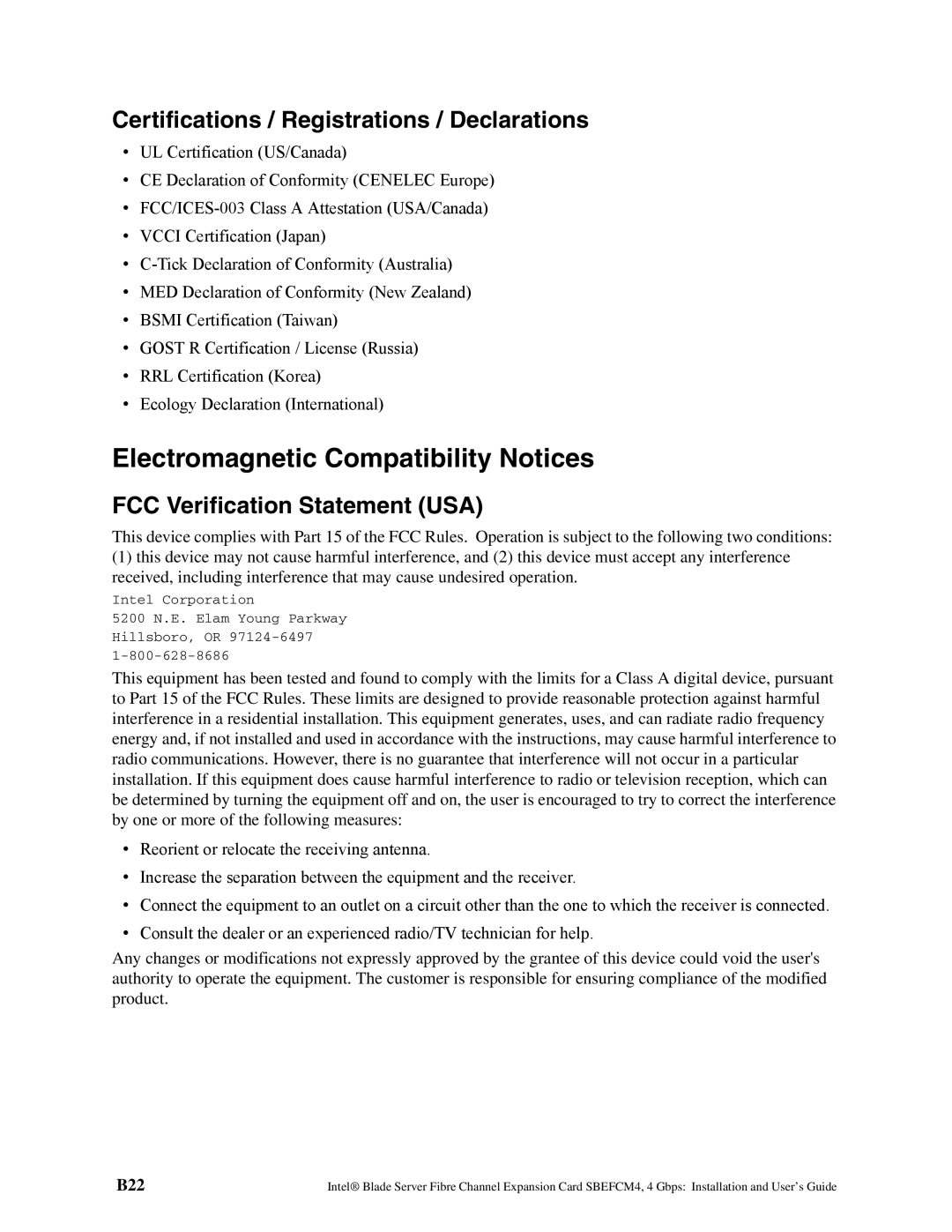 Intel SEBFCM4 manual Electromagnetic Compatibility Notices, Certifications / Registrations / Declarations, B22 