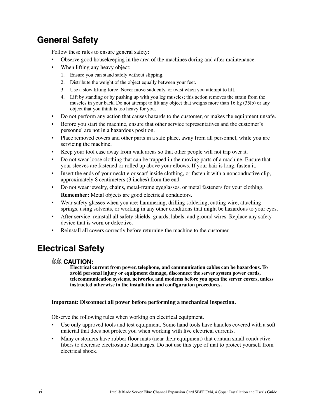 Intel SEBFCM4 manual General Safety, Electrical Safety 