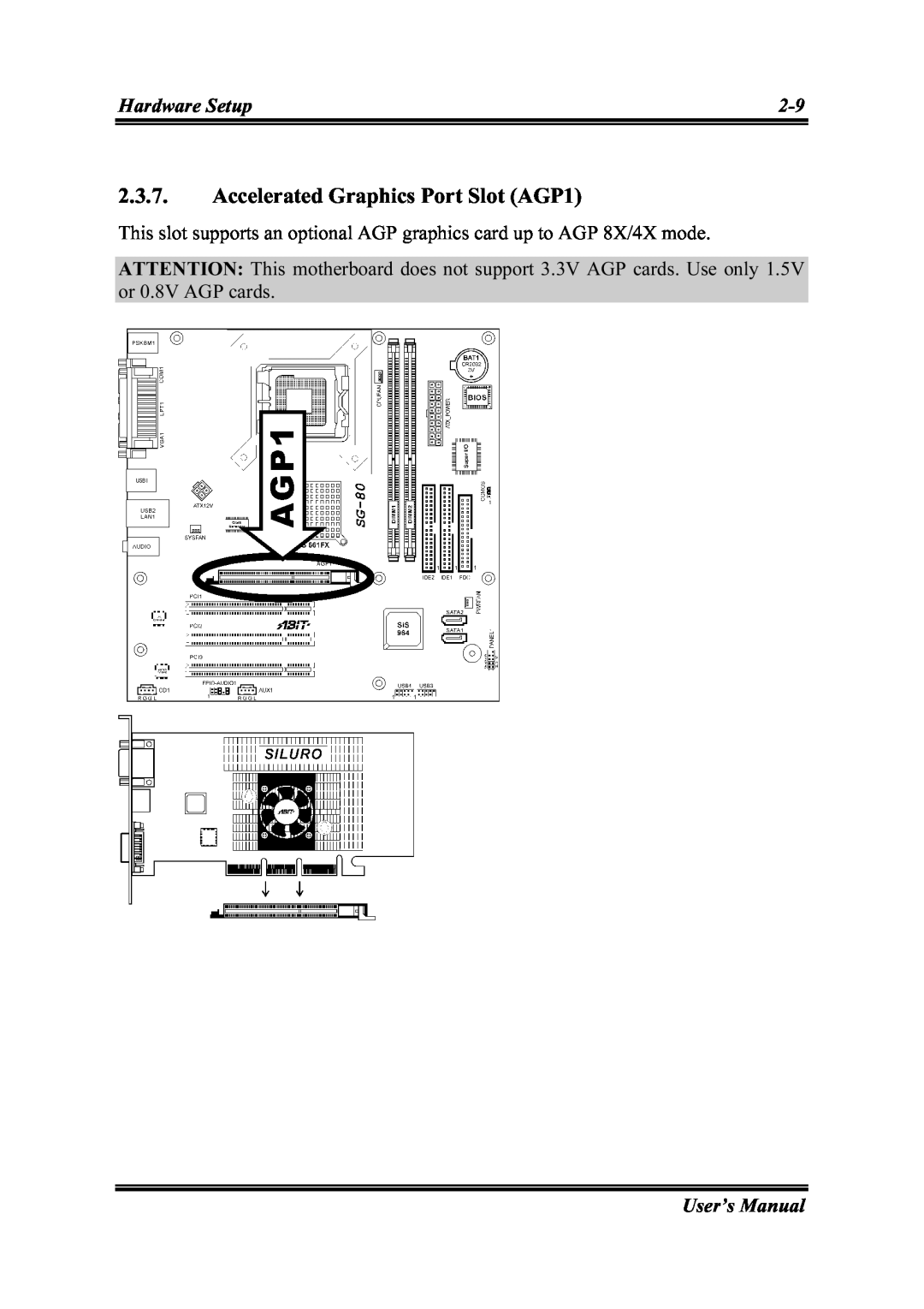 Intel SG-81, SG-80 user manual Accelerated Graphics Port Slot AGP1, Hardware Setup, User’s Manual 