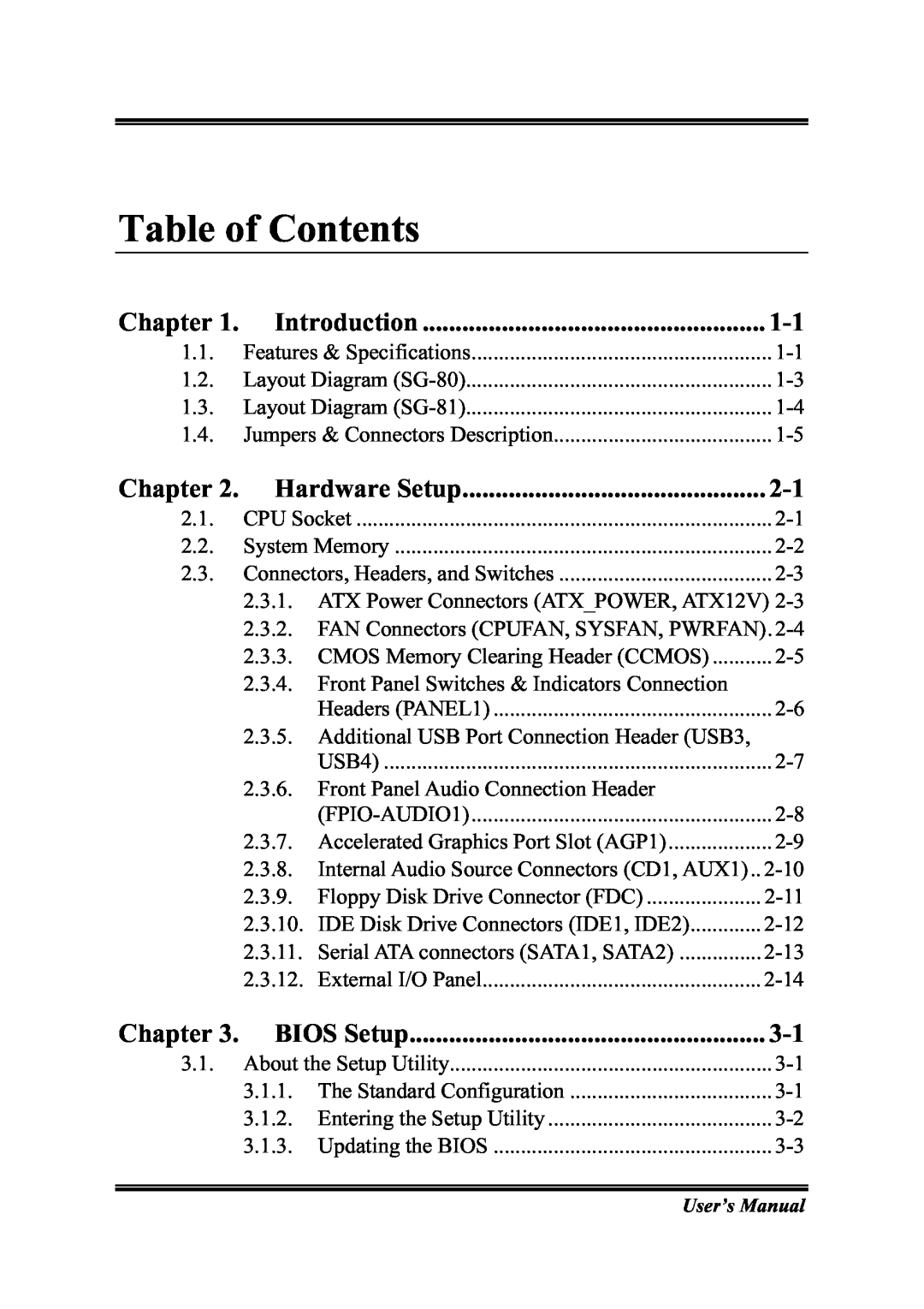 Intel SG-81, SG-80 user manual Chapter, Introduction, Hardware Setup, BIOS Setup, Table of Contents 