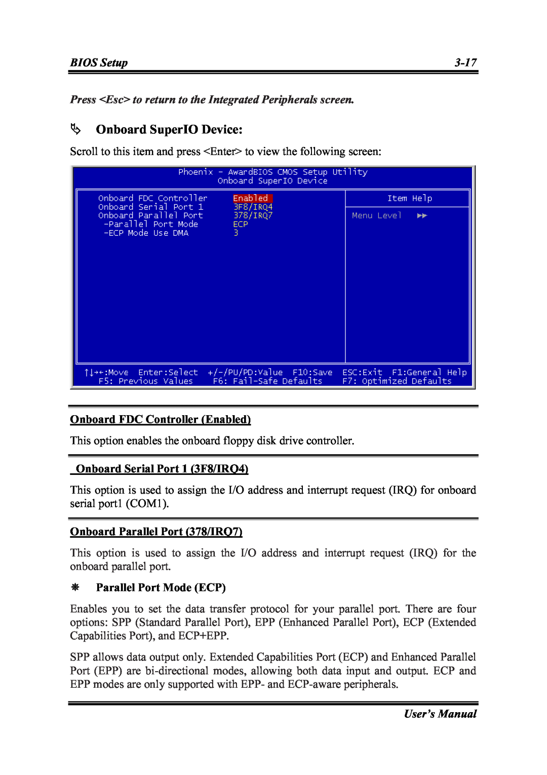 Intel SG-81, SG-80 user manual Onboard SuperIO Device, BIOS Setup, 3-17, User’s Manual 
