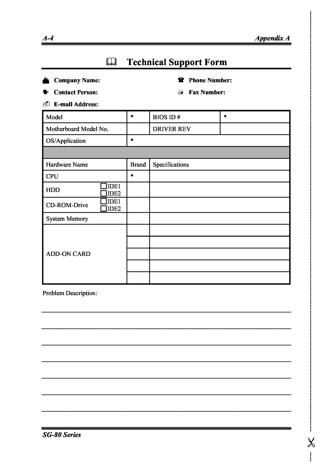 Intel SG-81 user manual Technical Support Form, Appendix A, SG-80Series 
