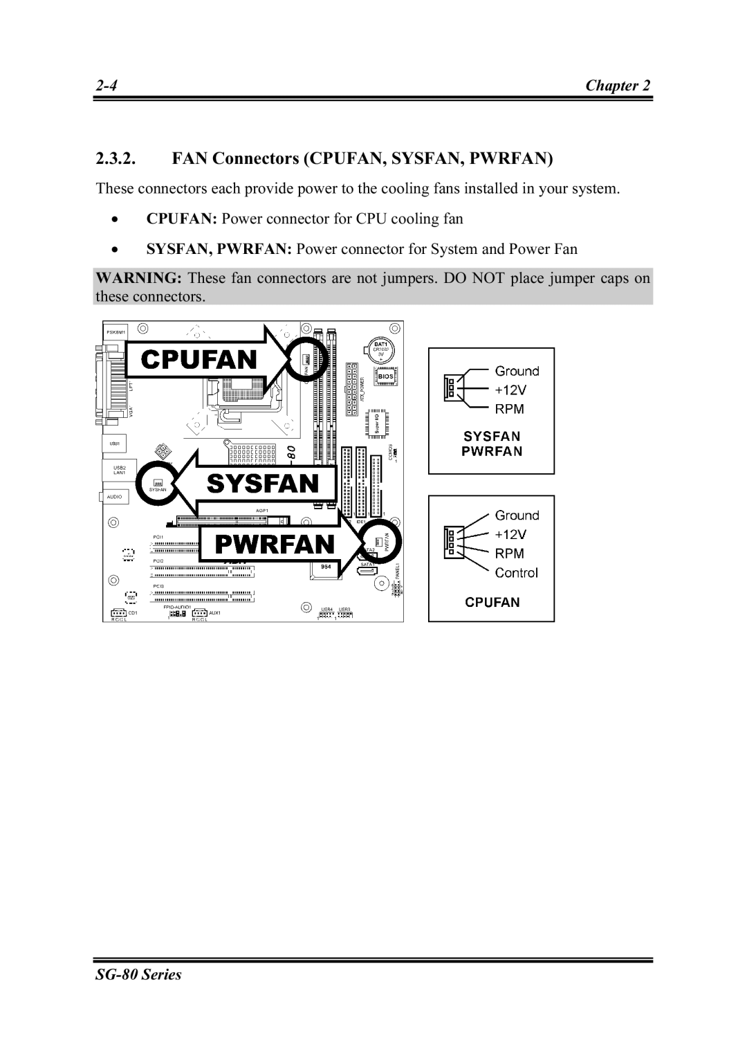 Intel SG-80, SG-81 user manual FAN Connectors CPUFAN, SYSFAN, Pwrfan 