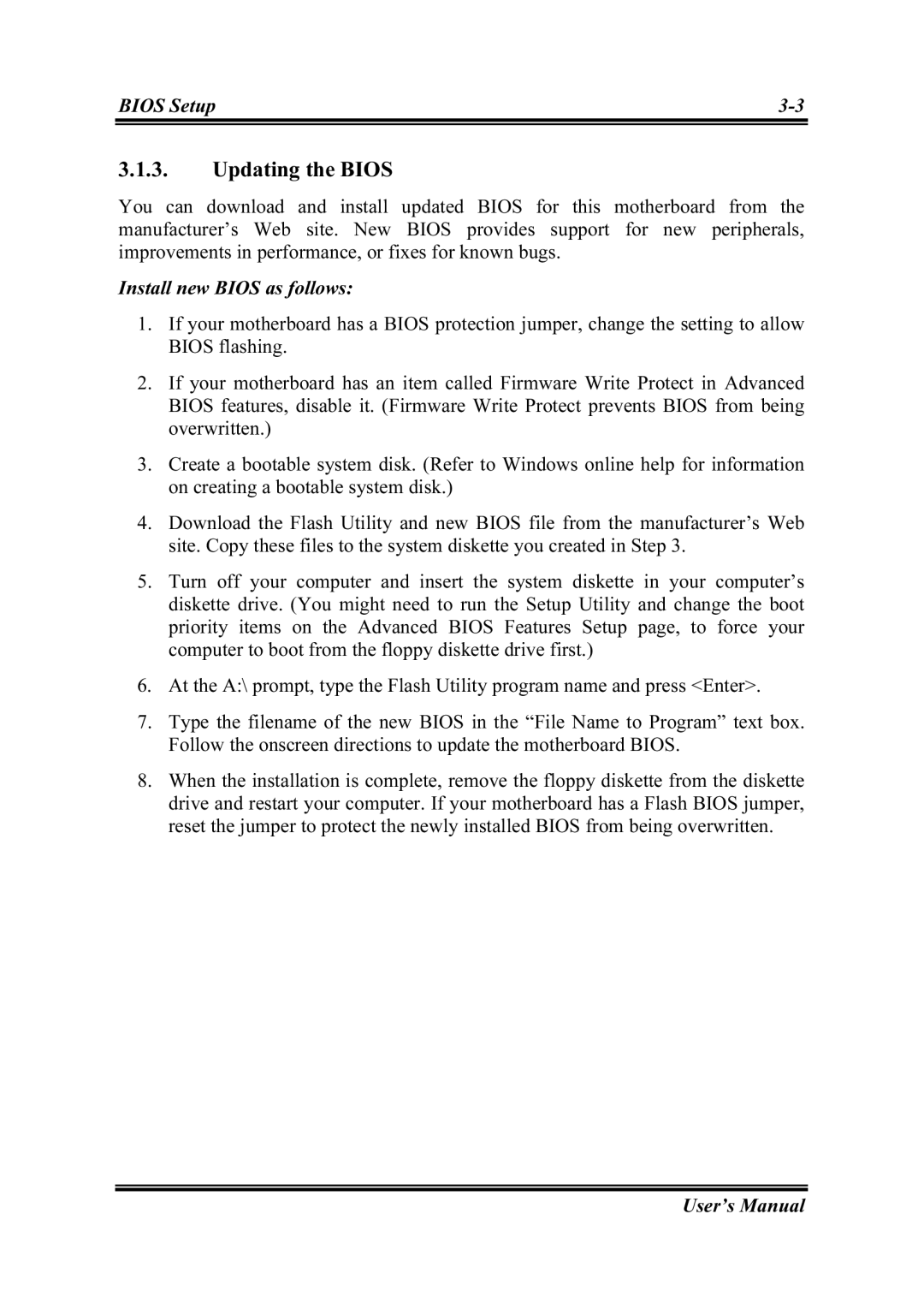 Intel SG-81, SG-80 user manual Updating the Bios 