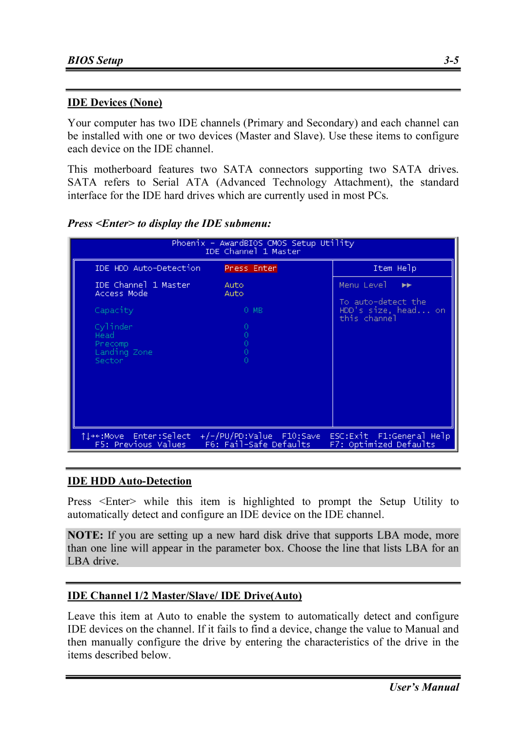 Intel SG-81, SG-80 user manual IDE Devices None, IDE HDD Auto-Detection, IDE Channel 1/2 Master/Slave/ IDE DriveAuto 