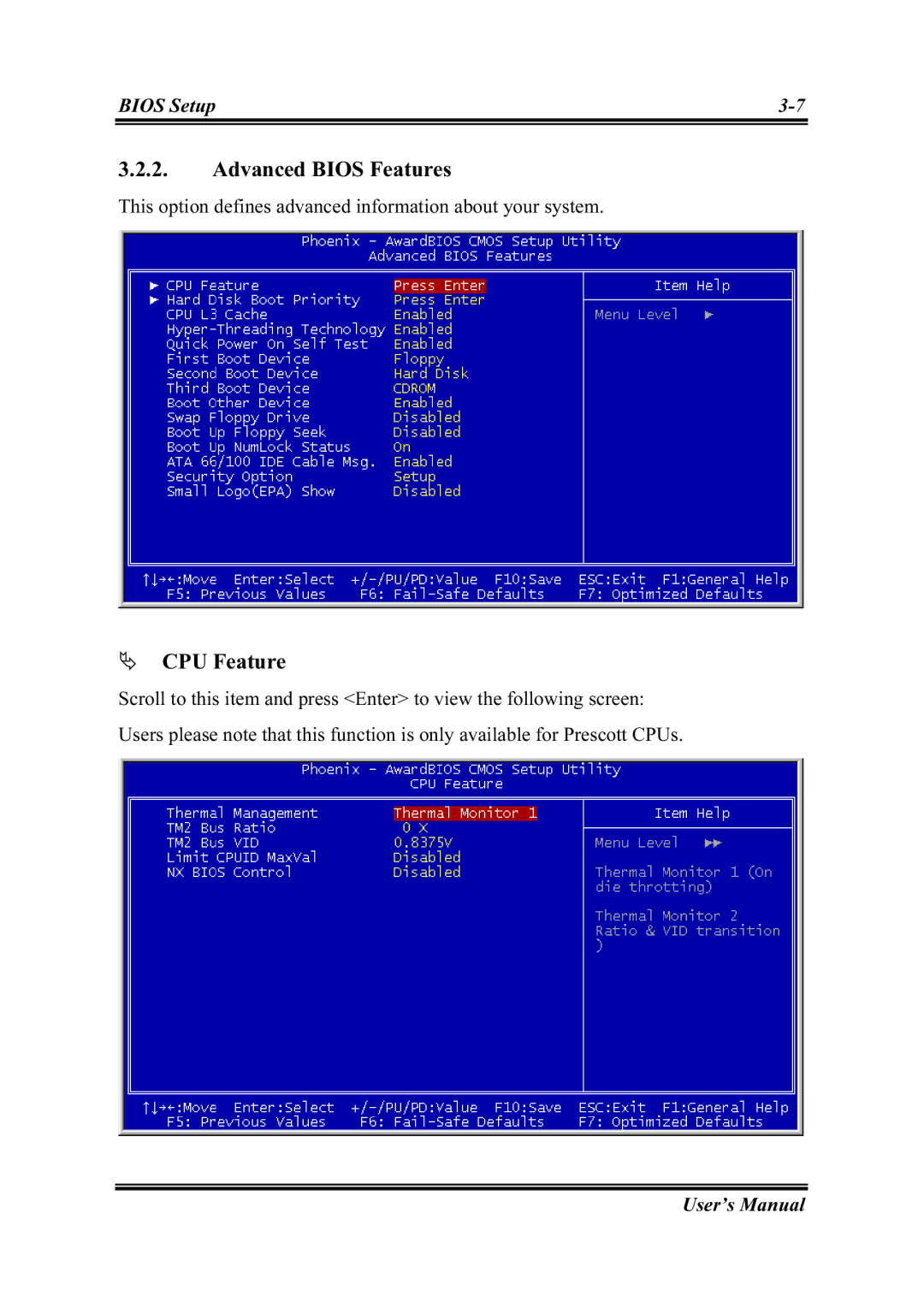 Intel SG-81, SG-80 user manual Advanced Bios Features, CPU Feature 