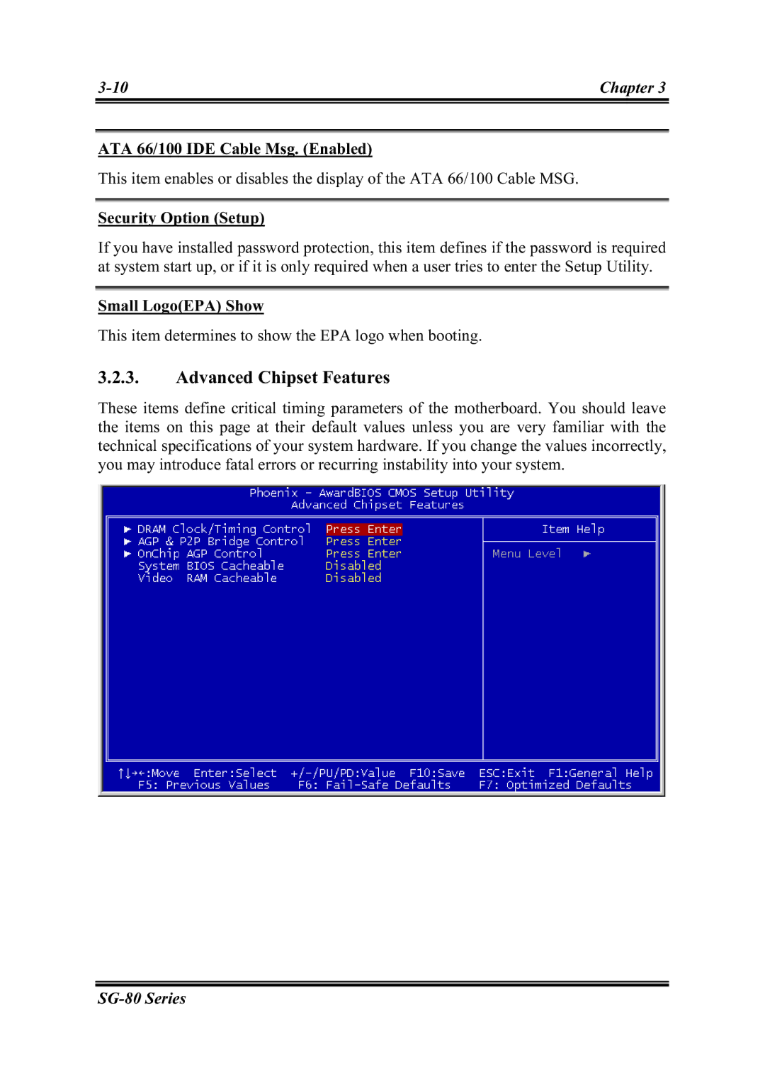 Intel SG-80, SG-81 Advanced Chipset Features, ATA 66/100 IDE Cable Msg. Enabled, Security Option Setup, Small LogoEPA Show 