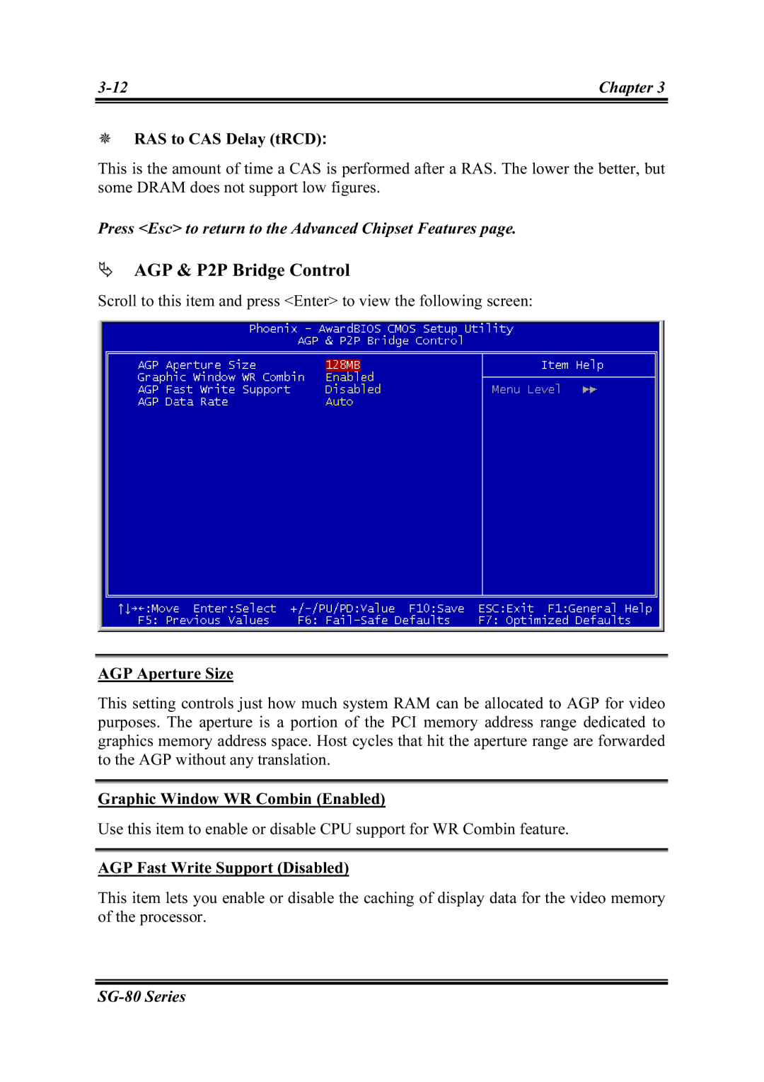 Intel SG-80, SG-81 AGP & P2P Bridge Control, RAS to CAS Delay tRCD, AGP Aperture Size, Graphic Window WR Combin Enabled 