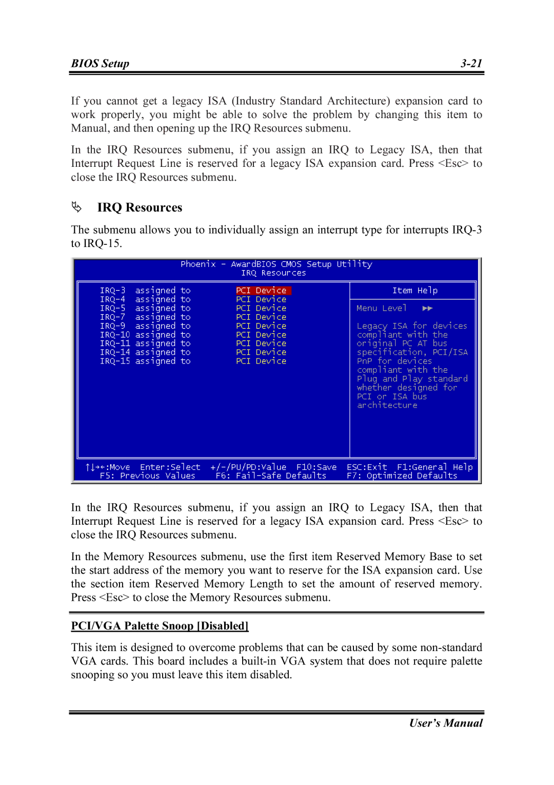 Intel SG-81, SG-80 user manual IRQ Resources, PCI/VGA Palette Snoop Disabled 