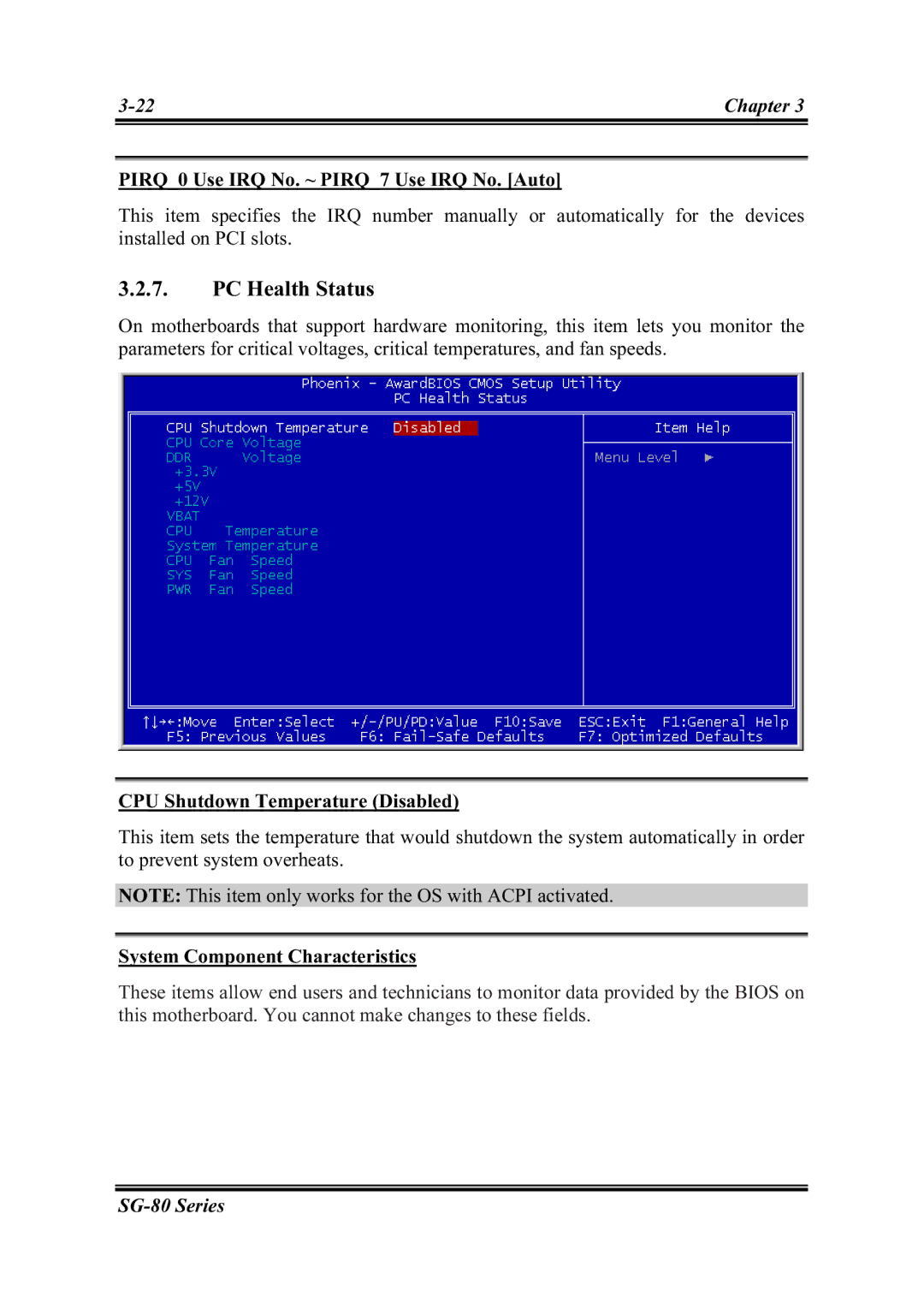 Intel SG-80, SG-81 PC Health Status, PIRQ0 Use IRQ No. ~ PIRQ7 Use IRQ No. Auto, CPU Shutdown Temperature Disabled 