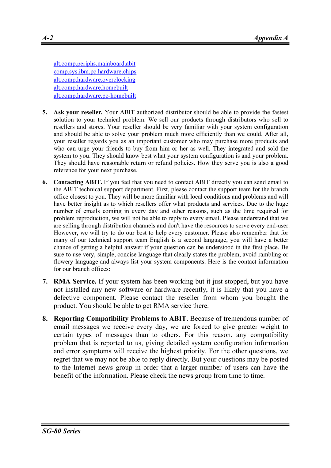 Intel SG-81 user manual Appendix a, SG-80 Series 