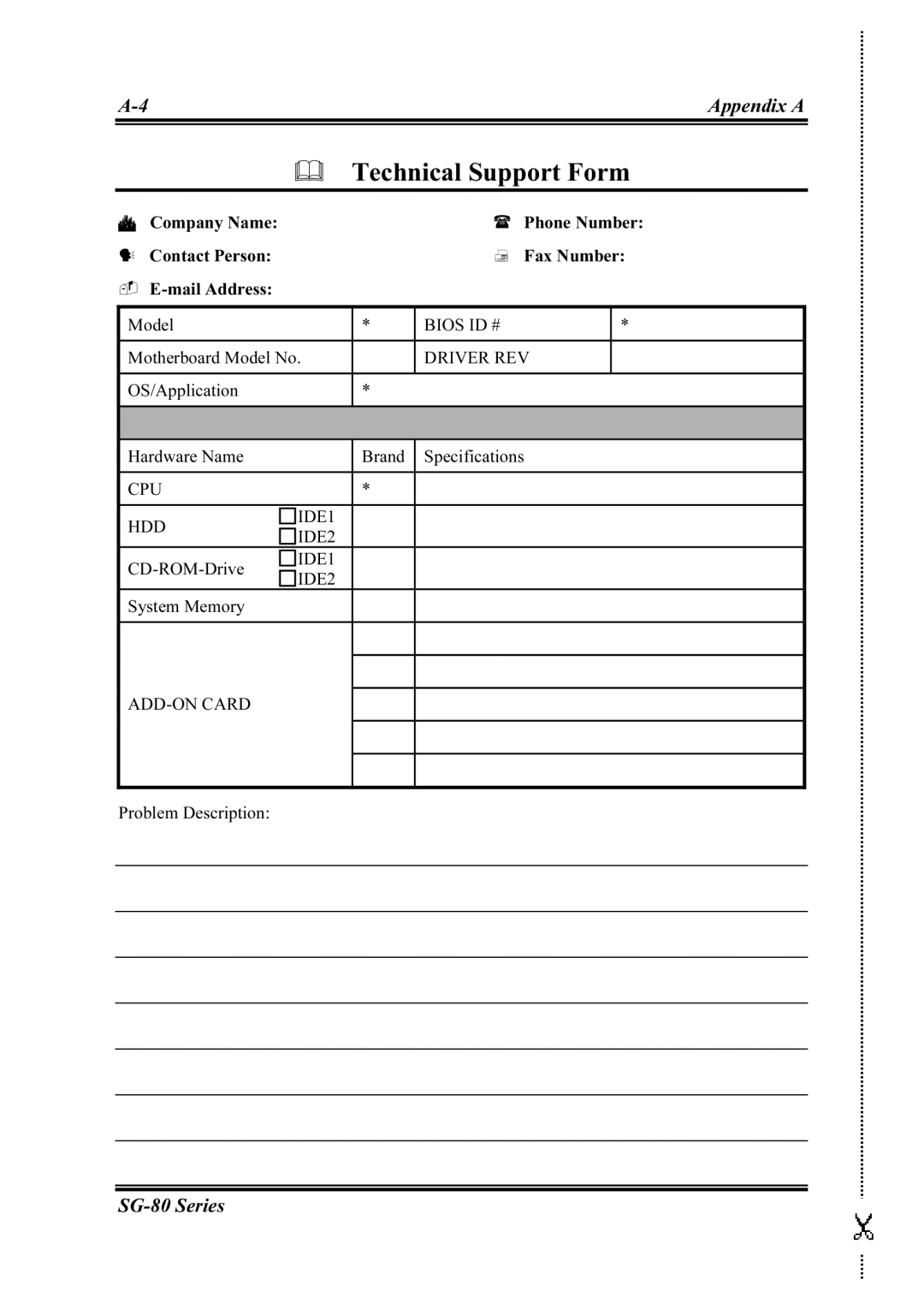 Intel SG-80, SG-81 user manual Technical Support Form 