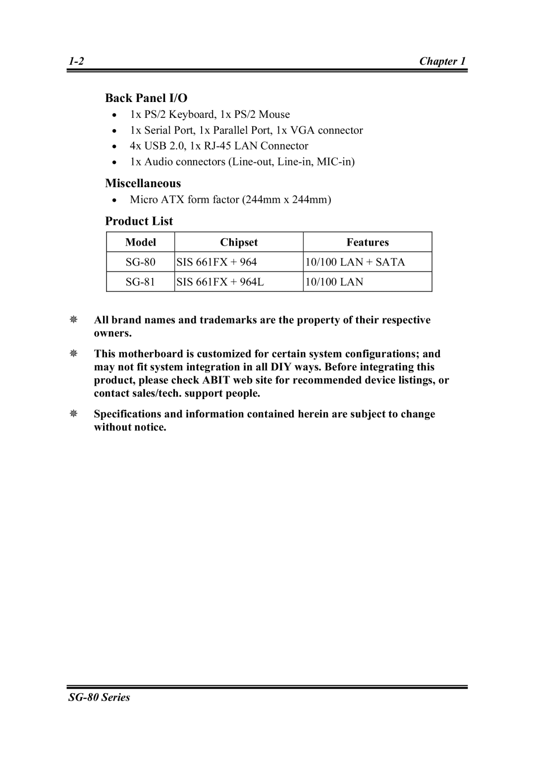 Intel SG-80, SG-81 user manual Back Panel I/O, Miscellaneous, Product List, Model Chipset Features 