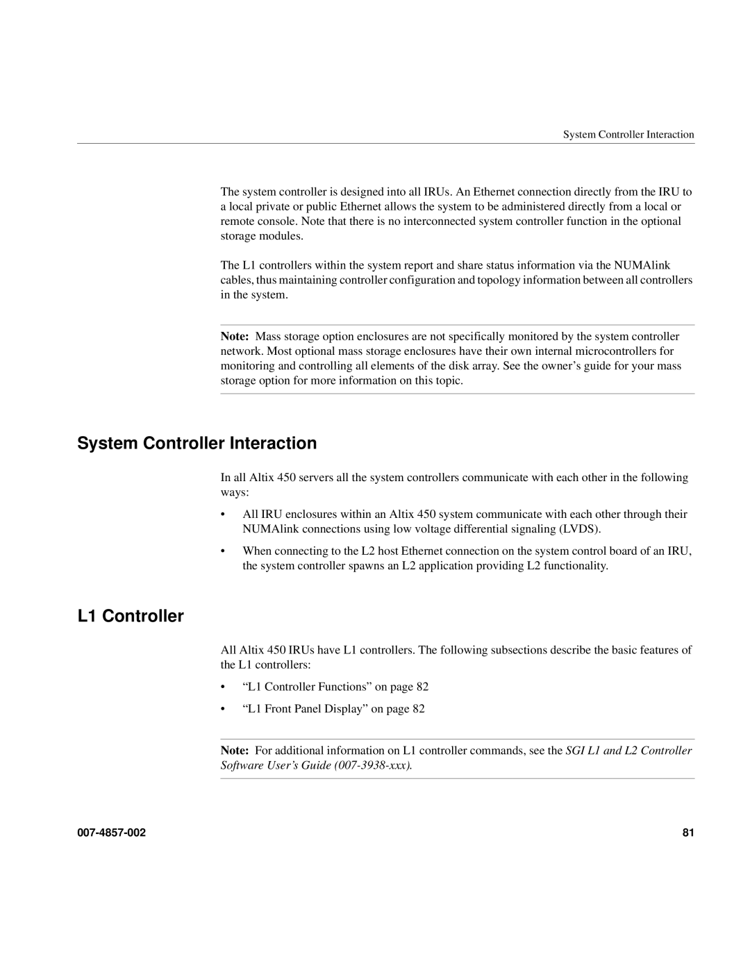 Intel SGI Altix 450 manual System Controller Interaction, L1 Controller 