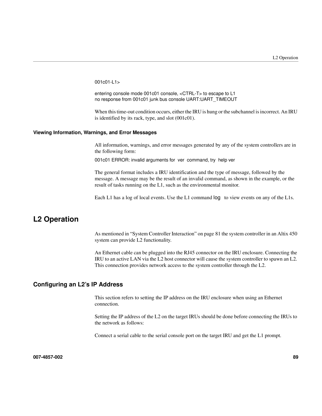 Intel SGI Altix 450 manual L2 Operation, Configuring an L2’s IP Address, Viewing Information, Warnings, and Error Messages 