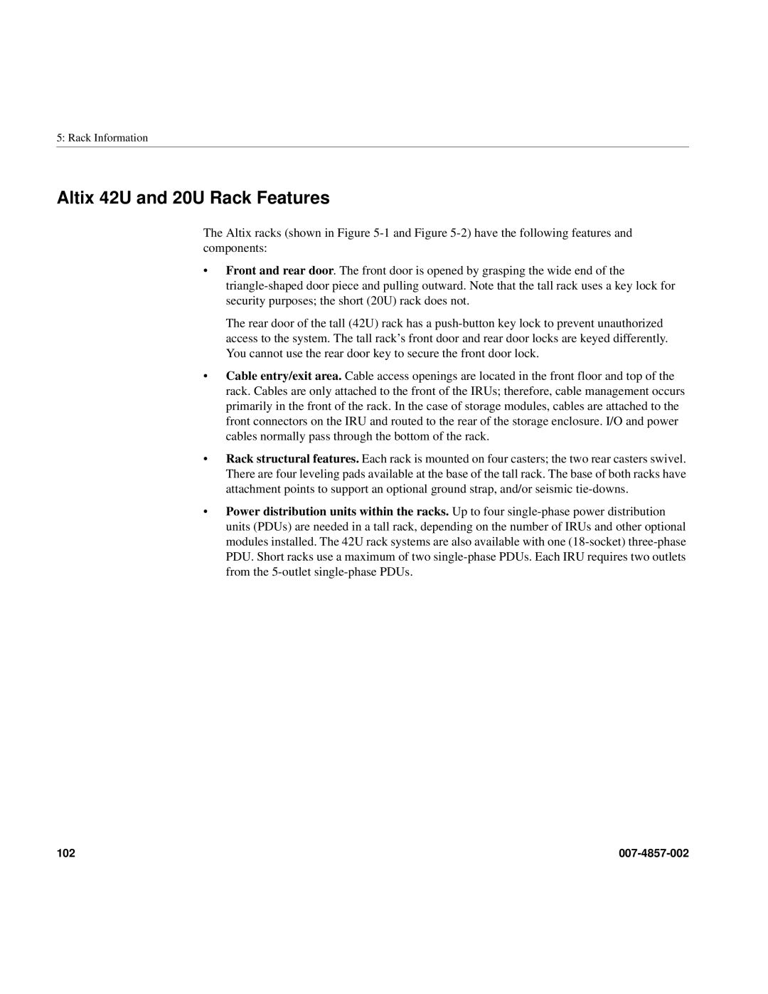 Intel SGI Altix 450 manual Altix 42U and 20U Rack Features 