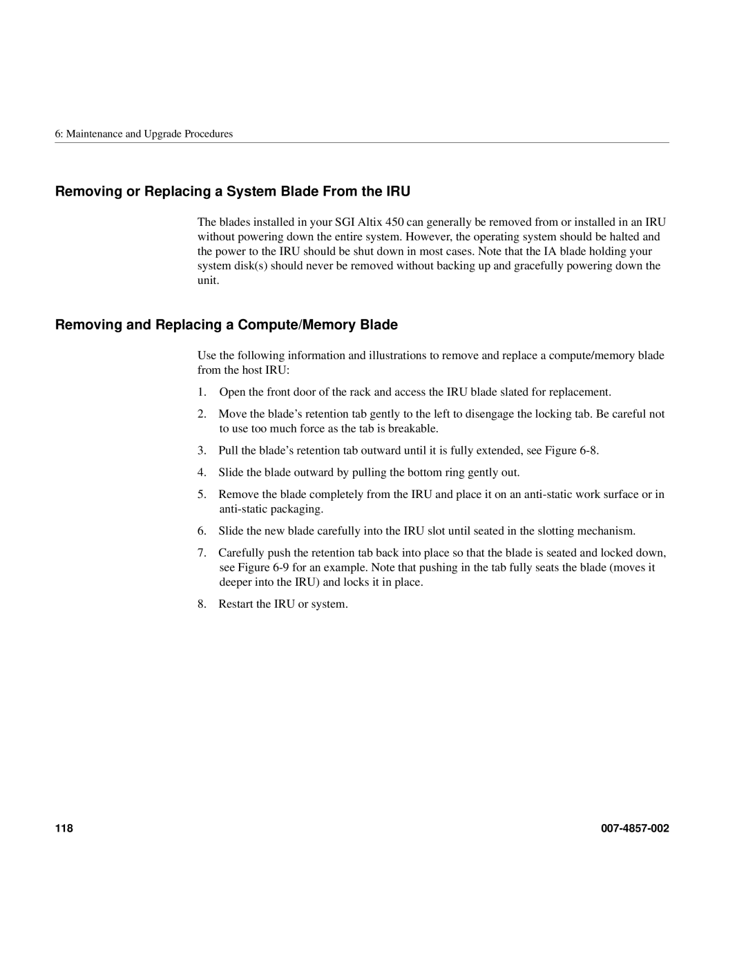 Intel SGI Altix 450 manual Removing or Replacing a System Blade From the IRU, Removing and Replacing a Compute/Memory Blade 