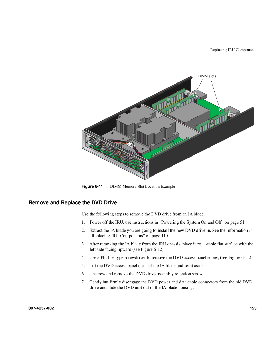 Intel SGI Altix 450 manual Remove and Replace the DVD Drive, 11DIMM Memory Slot Location Example 