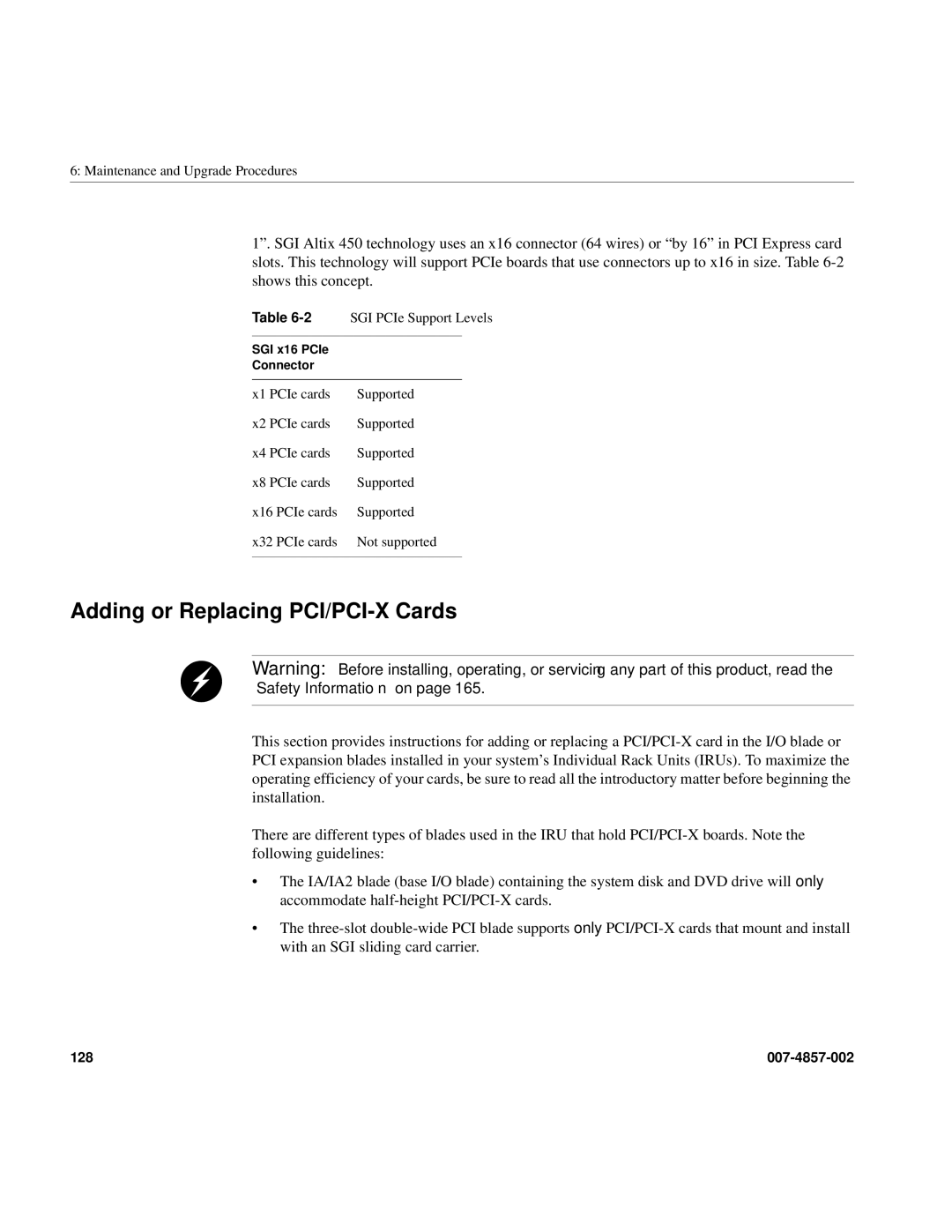 Intel SGI Altix 450 manual Adding or Replacing PCI/PCI-X Cards 