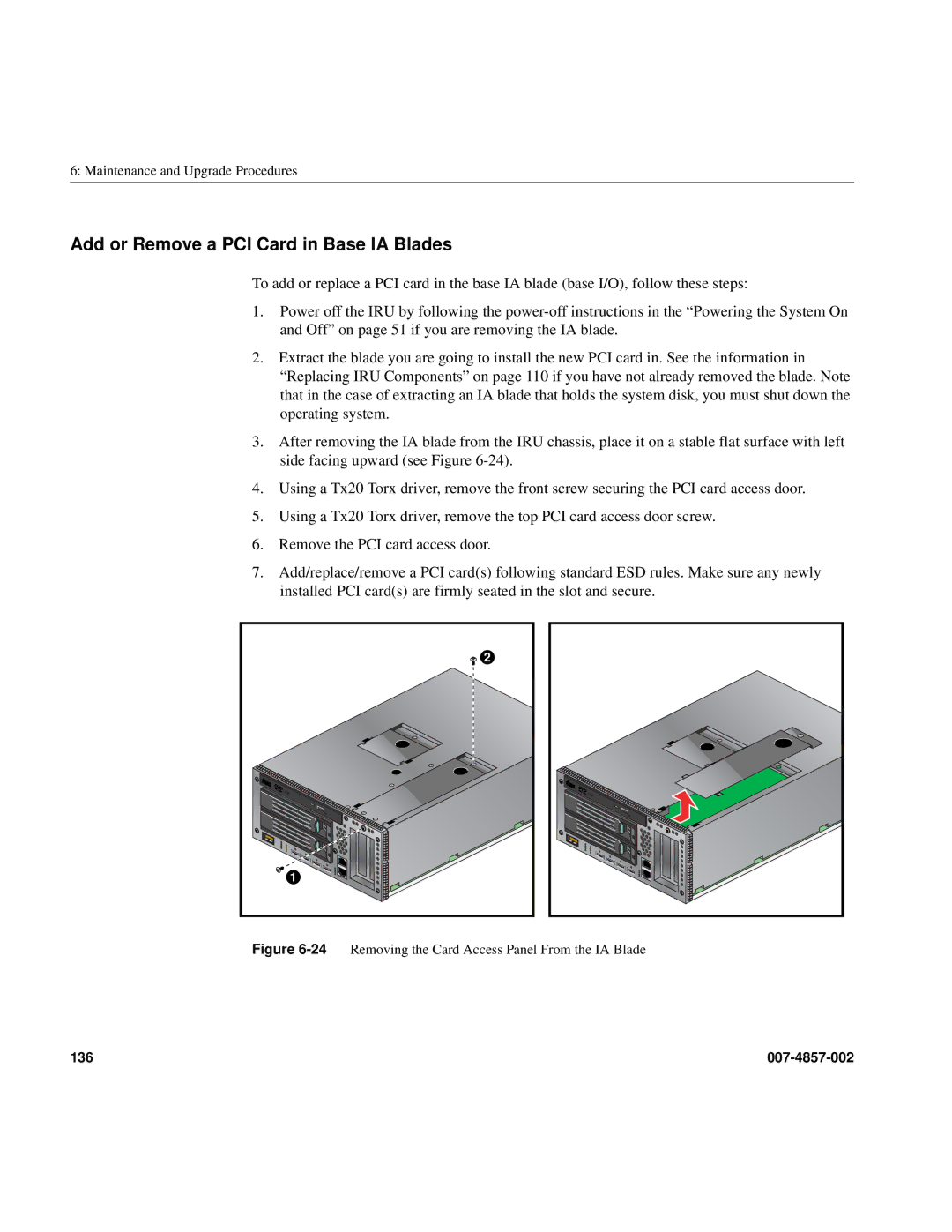 Intel SGI Altix 450 manual Add or Remove a PCI Card in Base IA Blades, 24Removing the Card Access Panel From the IA Blade 