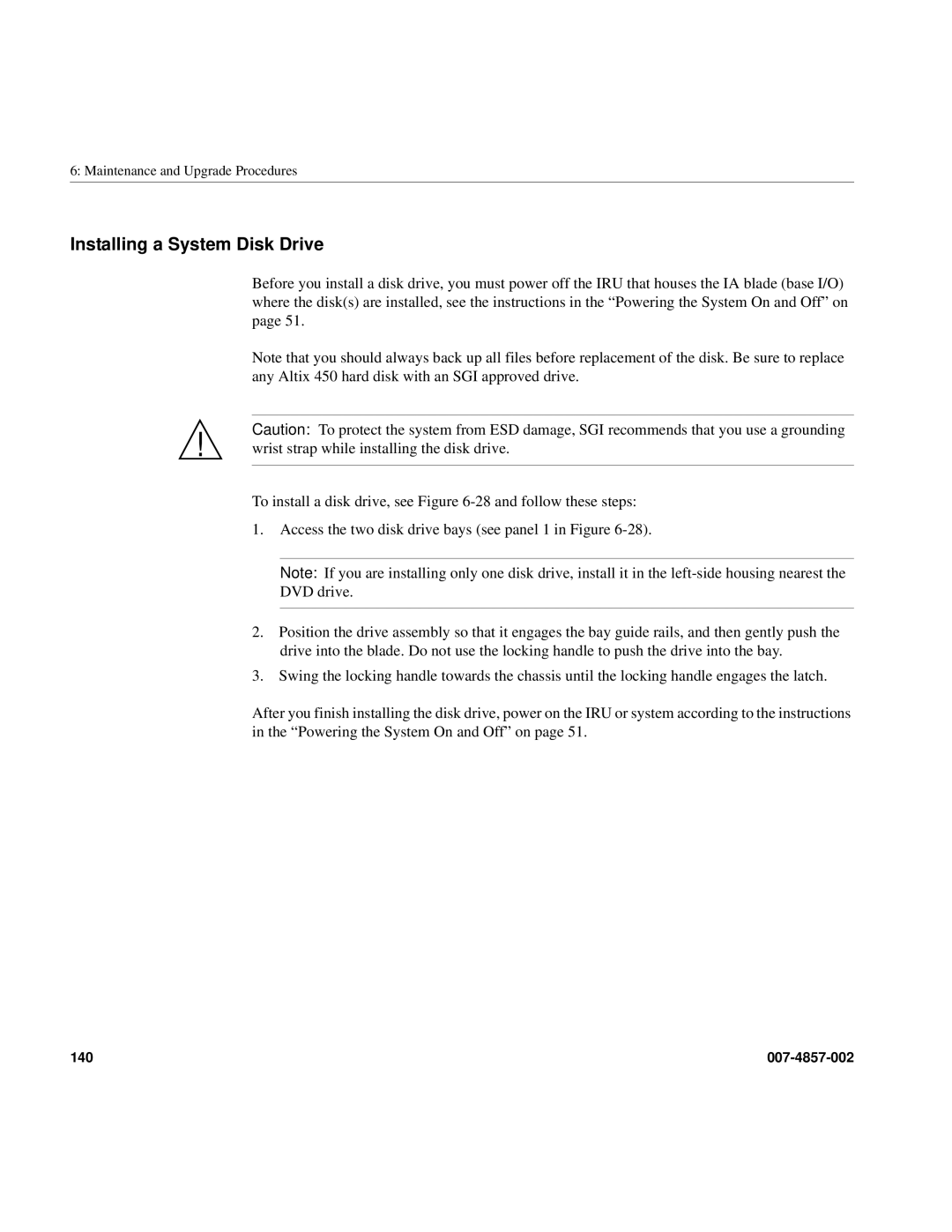 Intel SGI Altix 450 manual Installing a System Disk Drive 