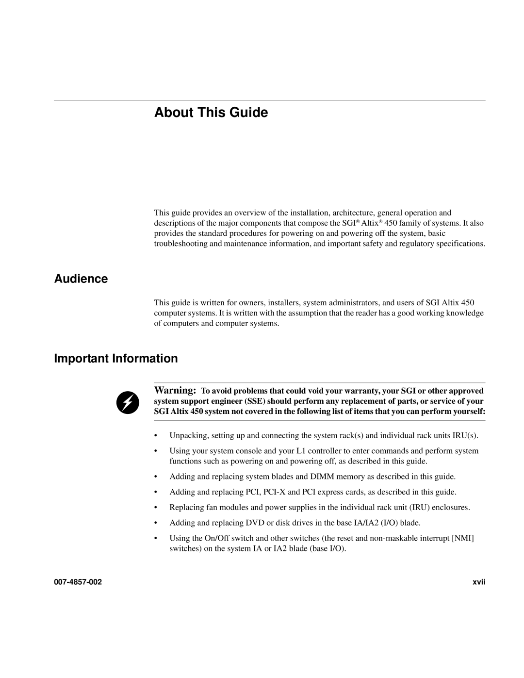 Intel SGI Altix 450 manual Audience, Important Information 