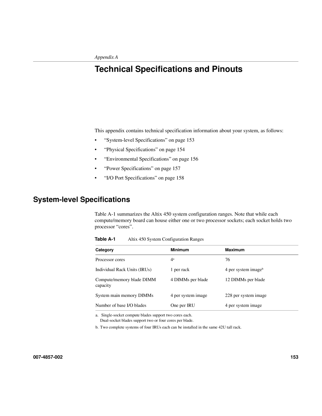 Intel SGI Altix 450 manual Technical Specifications and Pinouts, System-level Specifications 