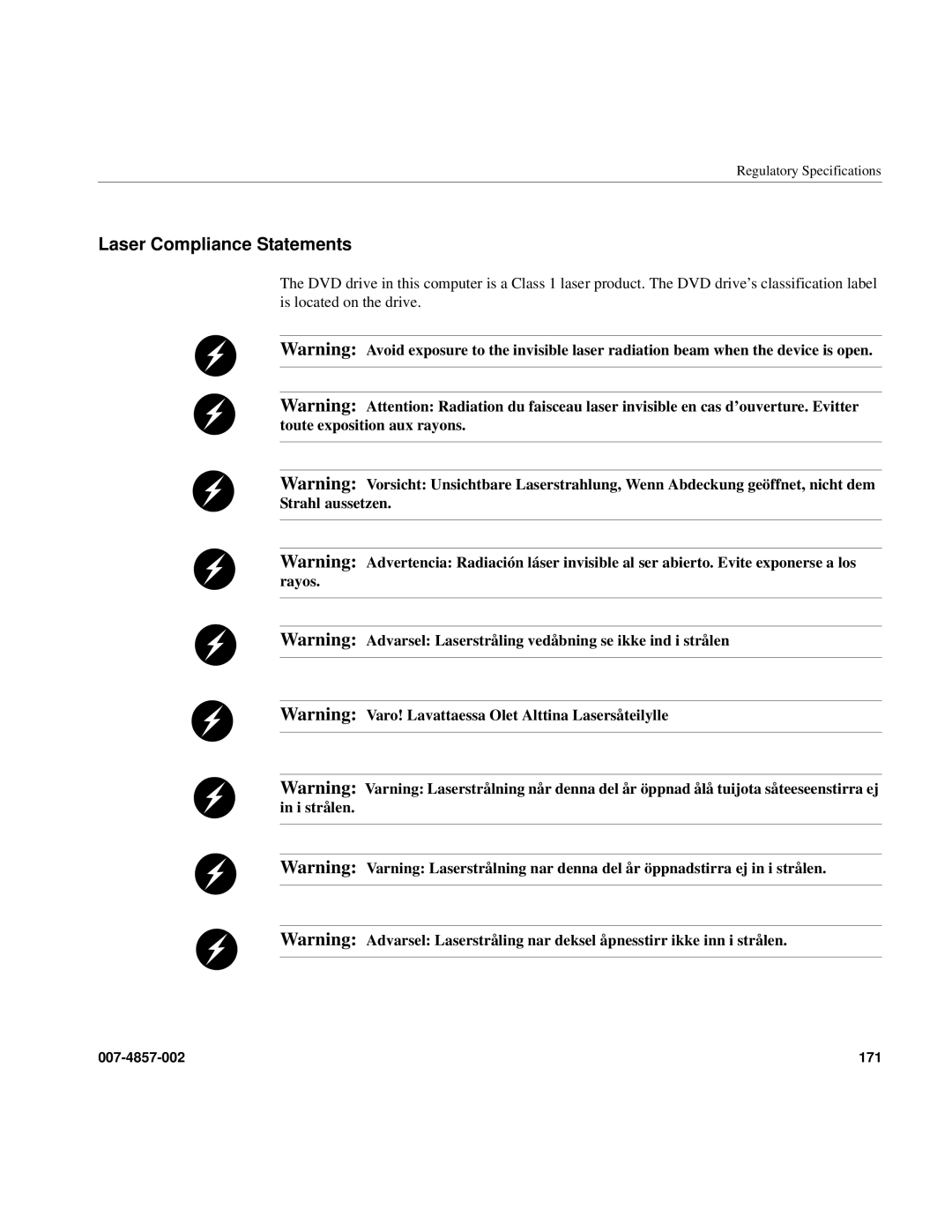 Intel SGI Altix 450 manual Laser Compliance Statements 