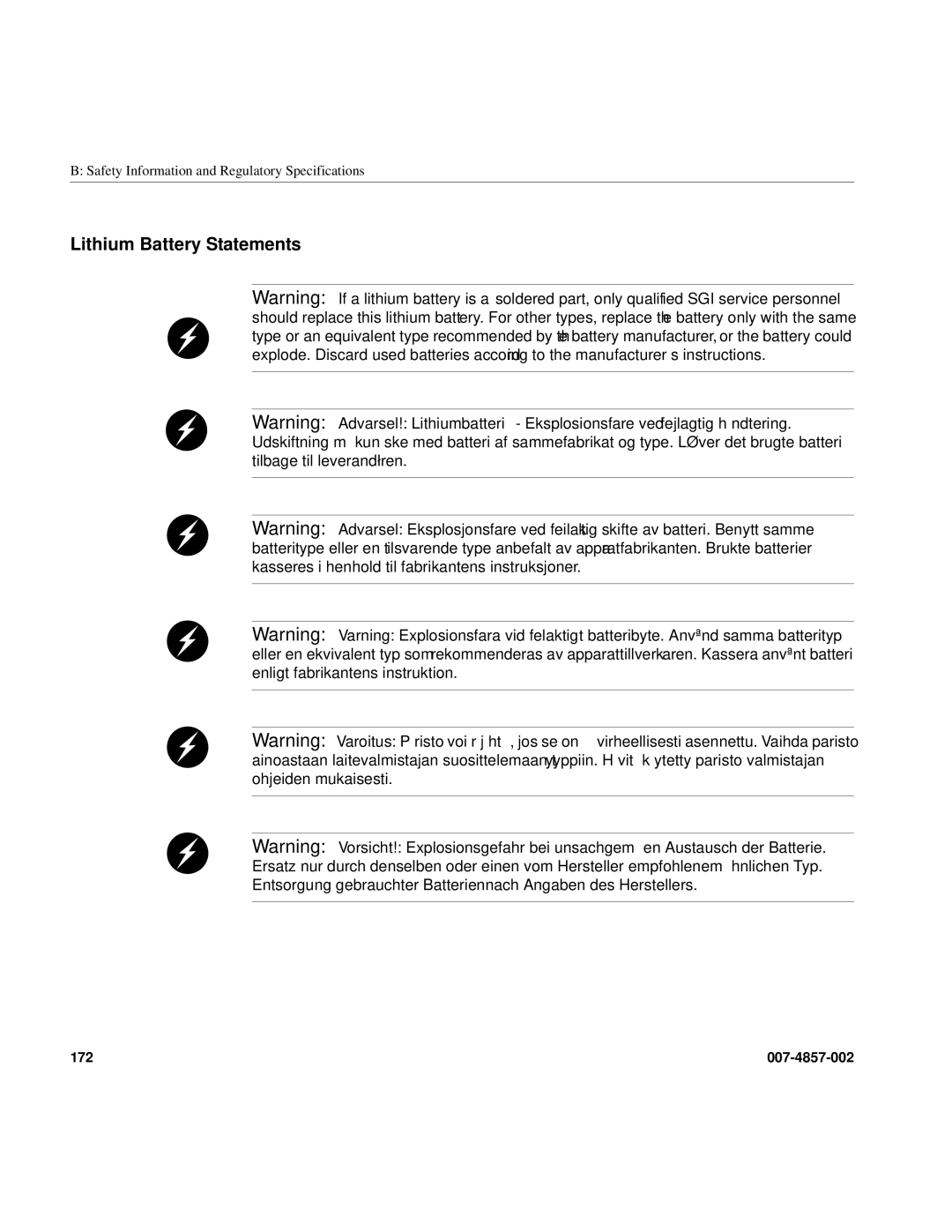 Intel SGI Altix 450 manual Lithium Battery Statements 