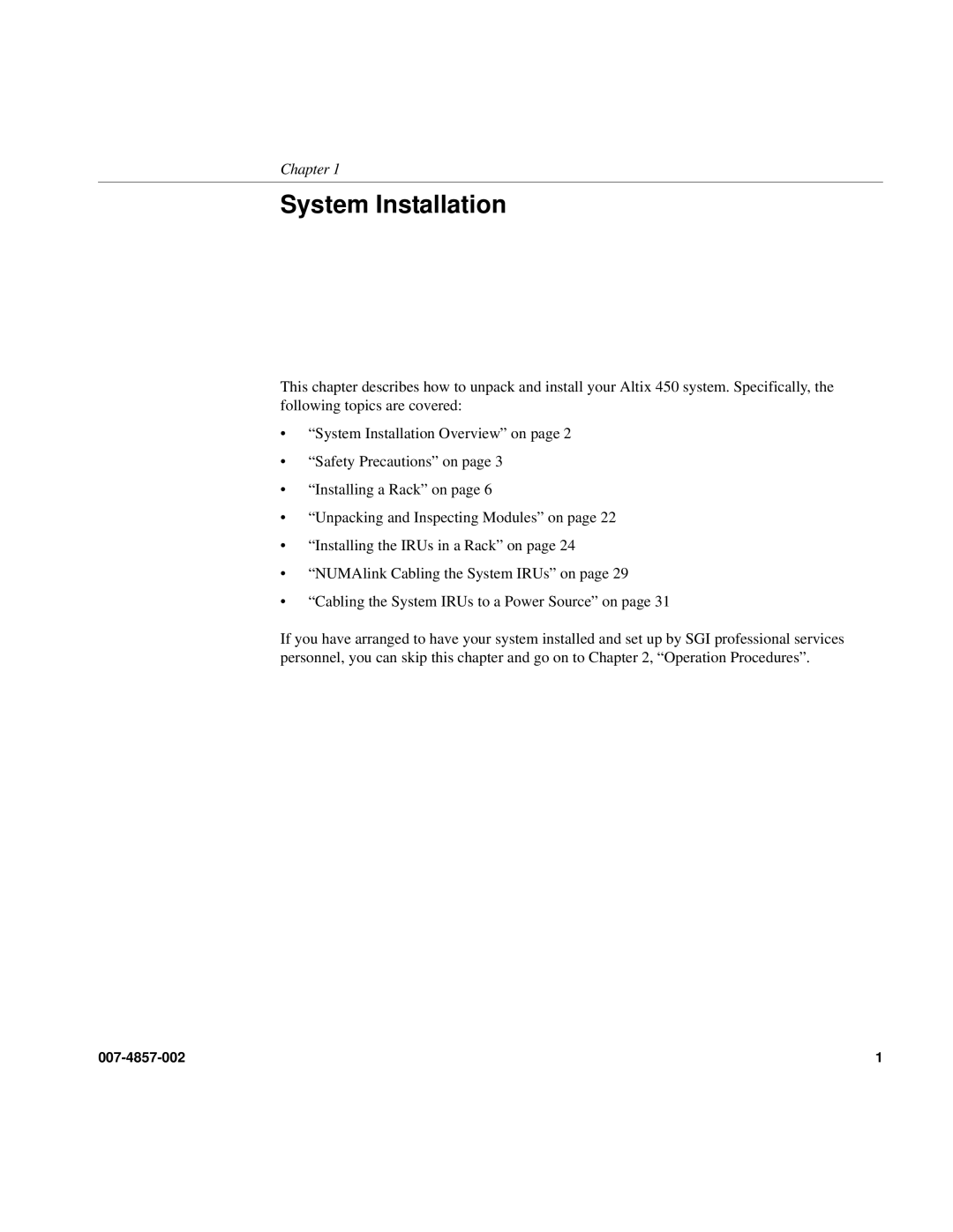 Intel SGI Altix 450 manual System Installation 