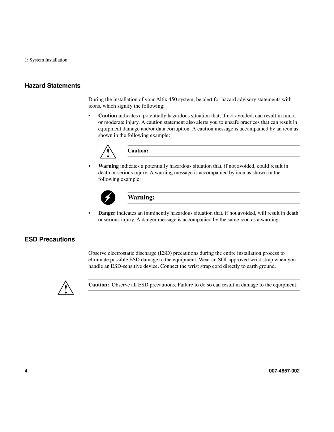 Intel SGI Altix 450 manual Hazard Statements, ESD Precautions 