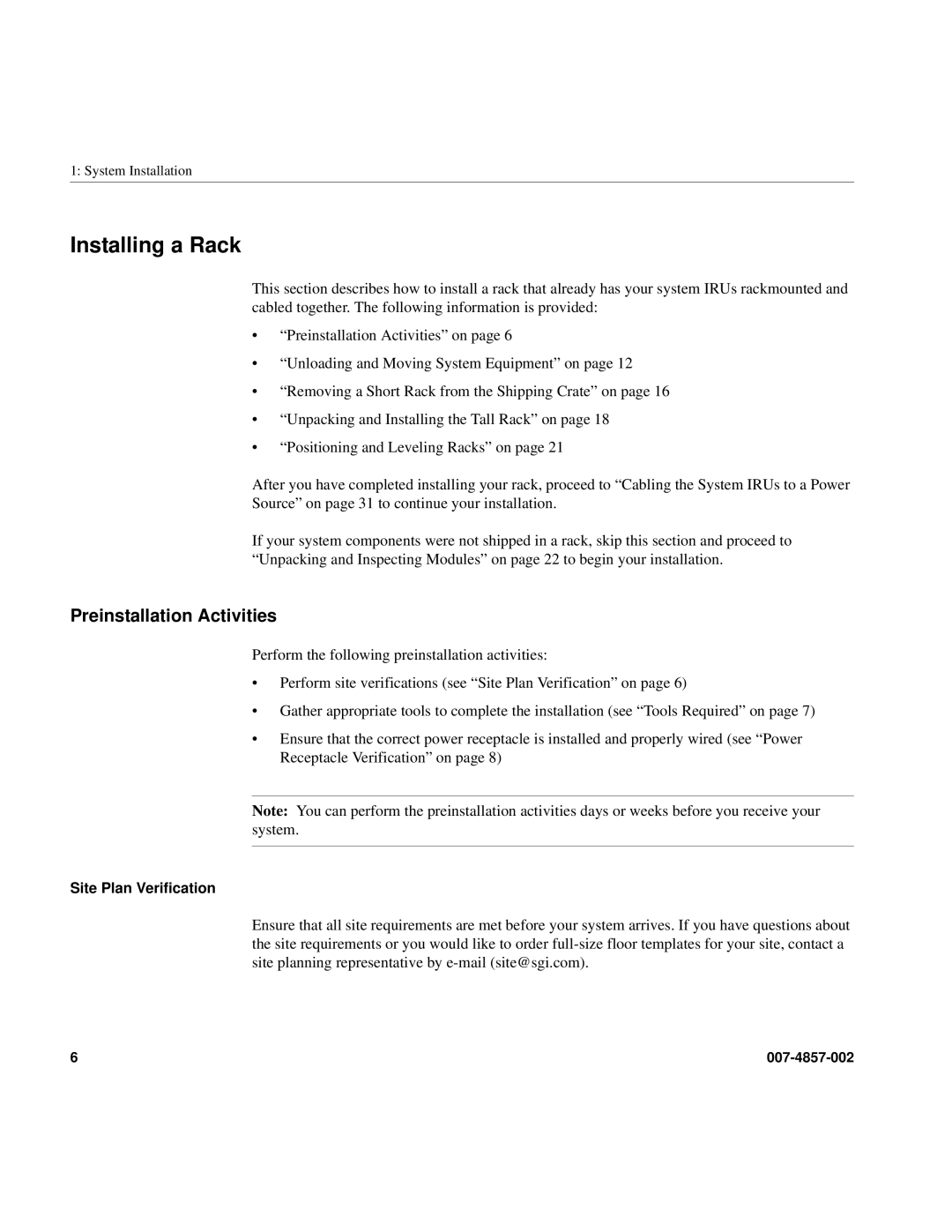 Intel SGI Altix 450 manual Installing a Rack, Preinstallation Activities, Site Plan Verification 