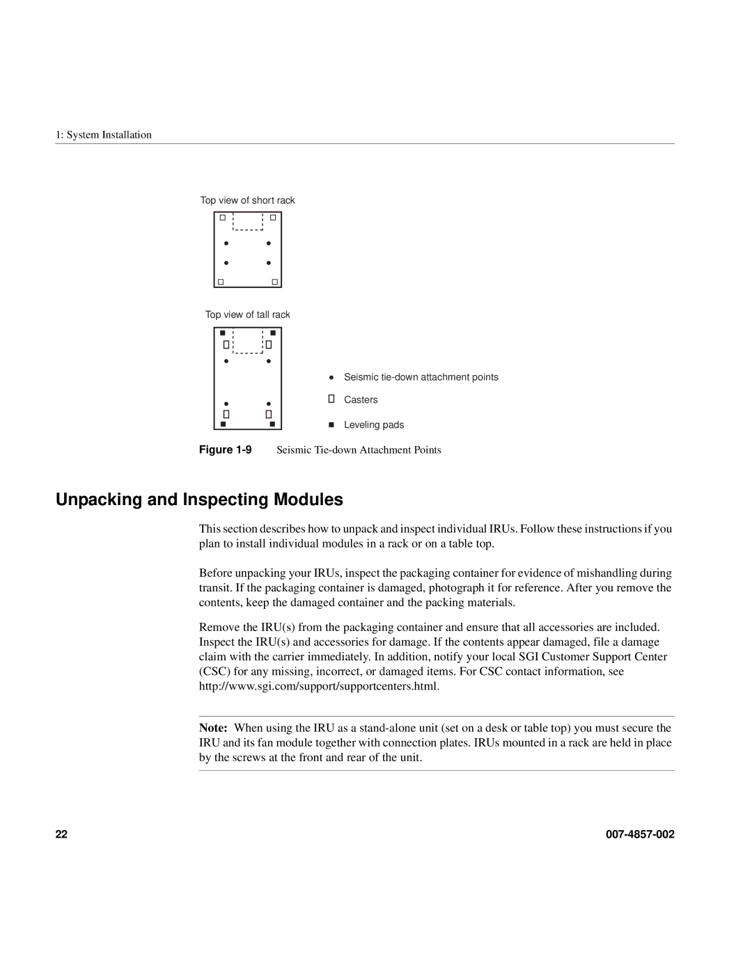 Intel SGI Altix 450 manual Unpacking and Inspecting Modules, 9Seismic Tie-down Attachment Points 