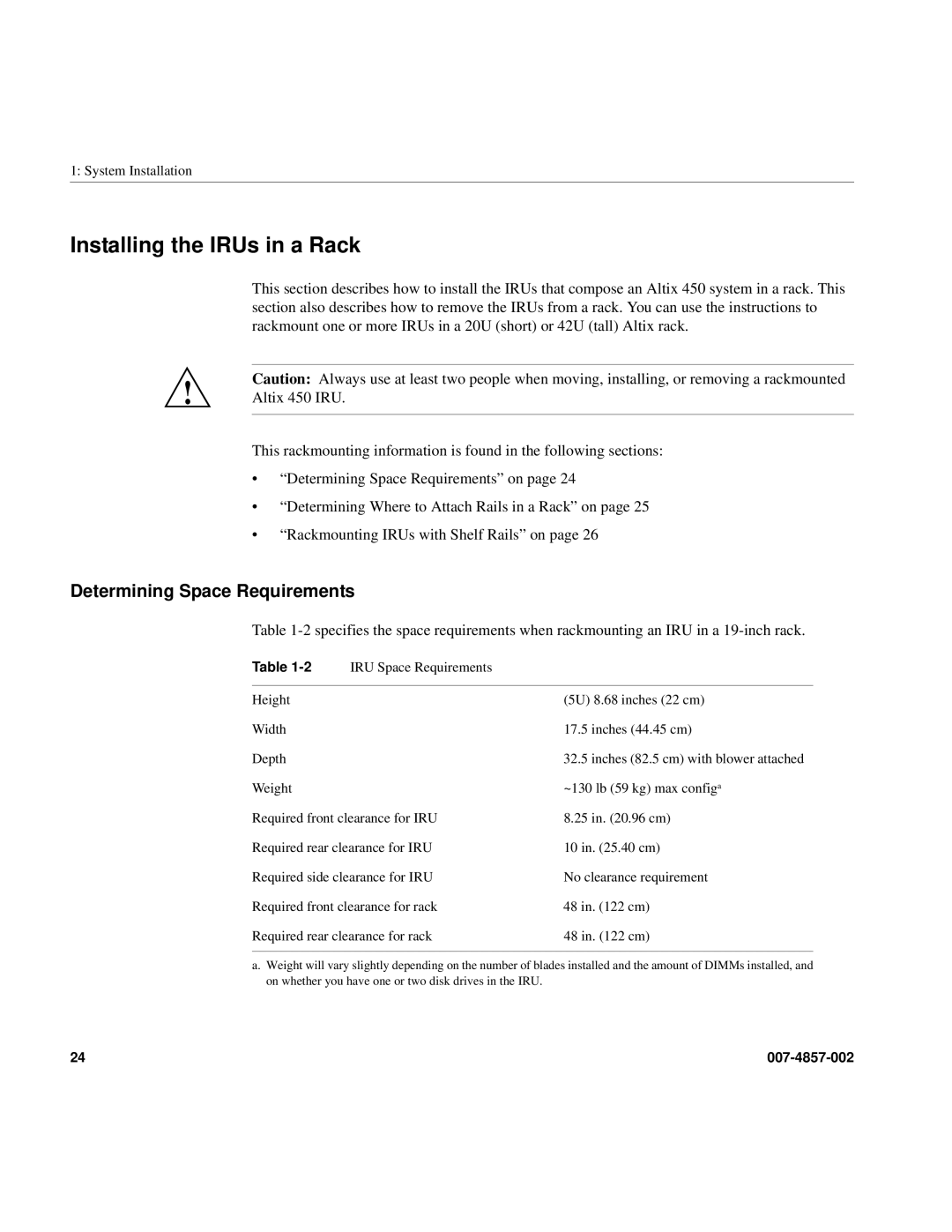 Intel SGI Altix 450 manual Installing the IRUs in a Rack, Determining Space Requirements 