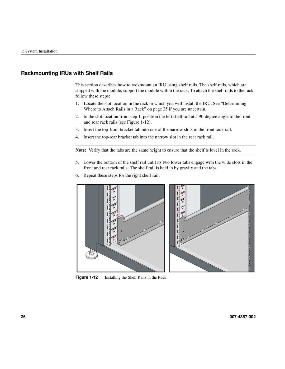 Intel SGI Altix 450 manual Rackmounting IRUs with Shelf Rails, 12Installing the Shelf Rails in the Rack 