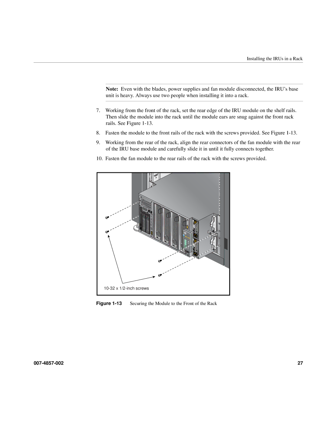 Intel SGI Altix 450 manual 13Securing the Module to the Front of the Rack 