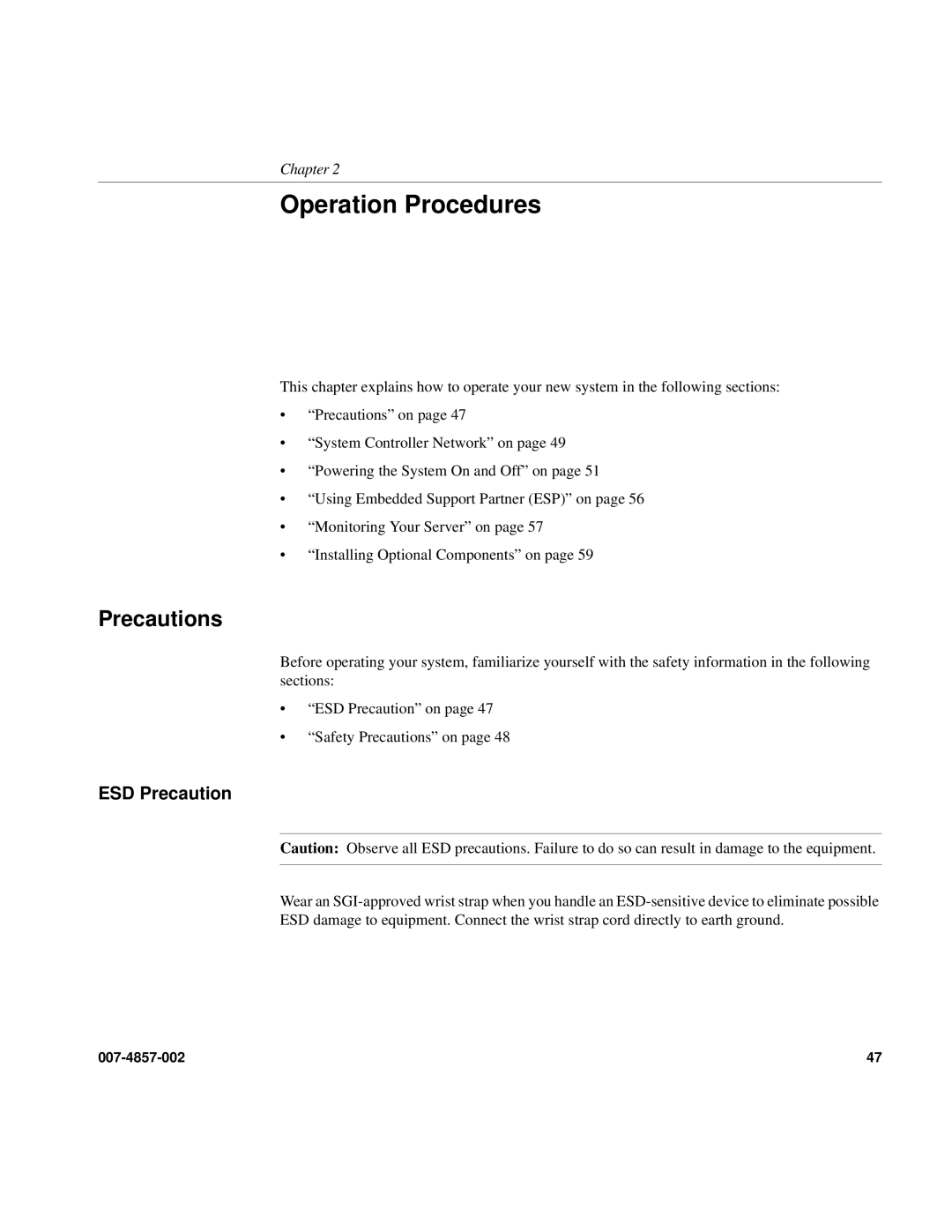 Intel SGI Altix 450 manual Precautions, ESD Precaution 