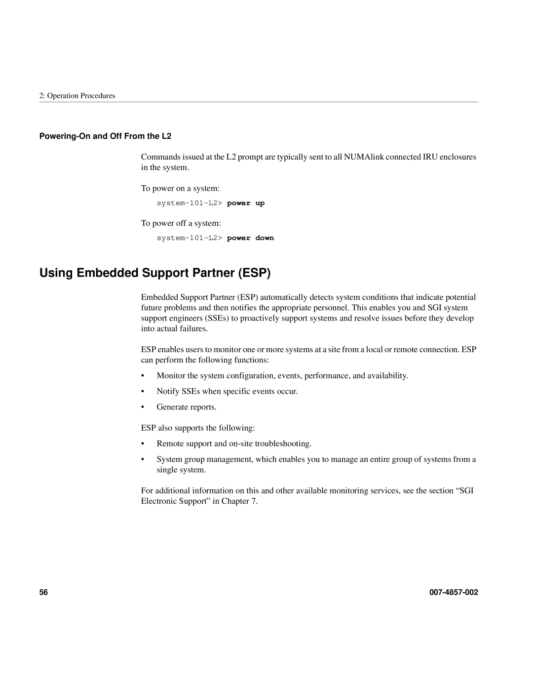 Intel SGI Altix 450 manual Using Embedded Support Partner ESP, Powering-On and Off From the L2 